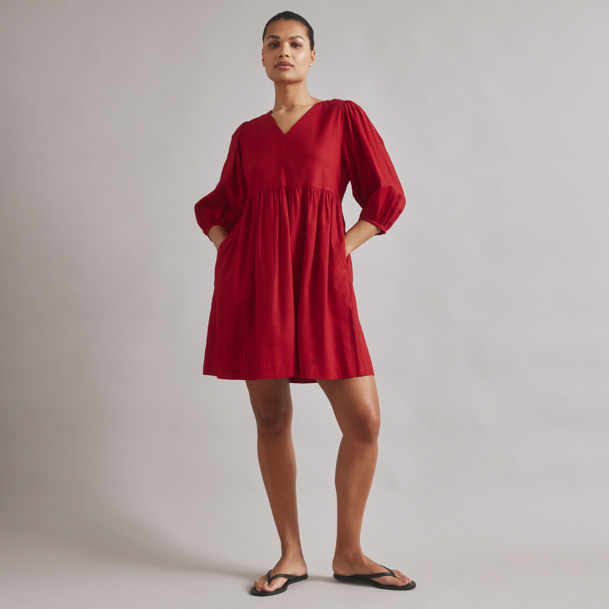 Re-Loved Linen Blend Short V Neck Dress - Size 12