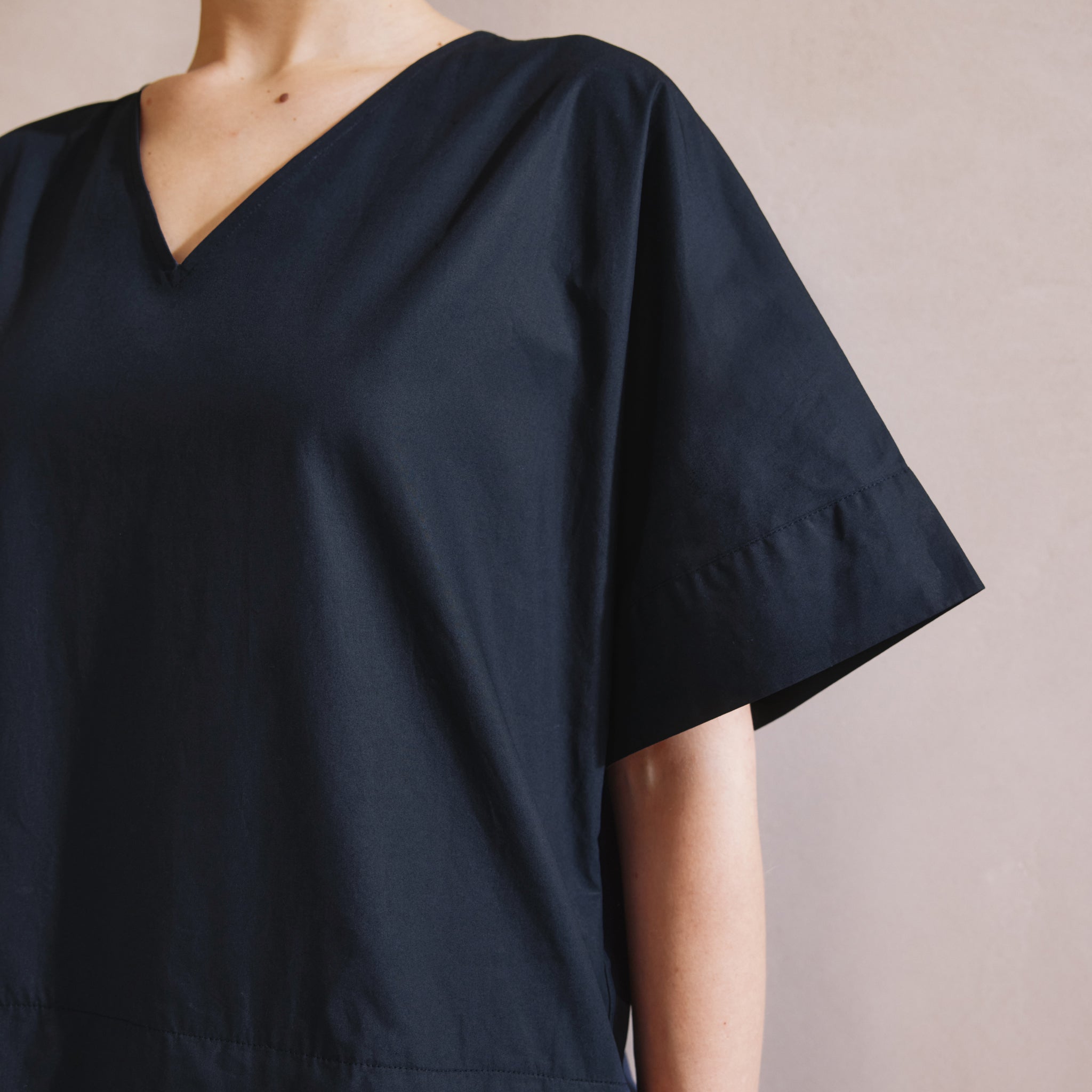 Navy Drop Waist V Neck Cotton Dress