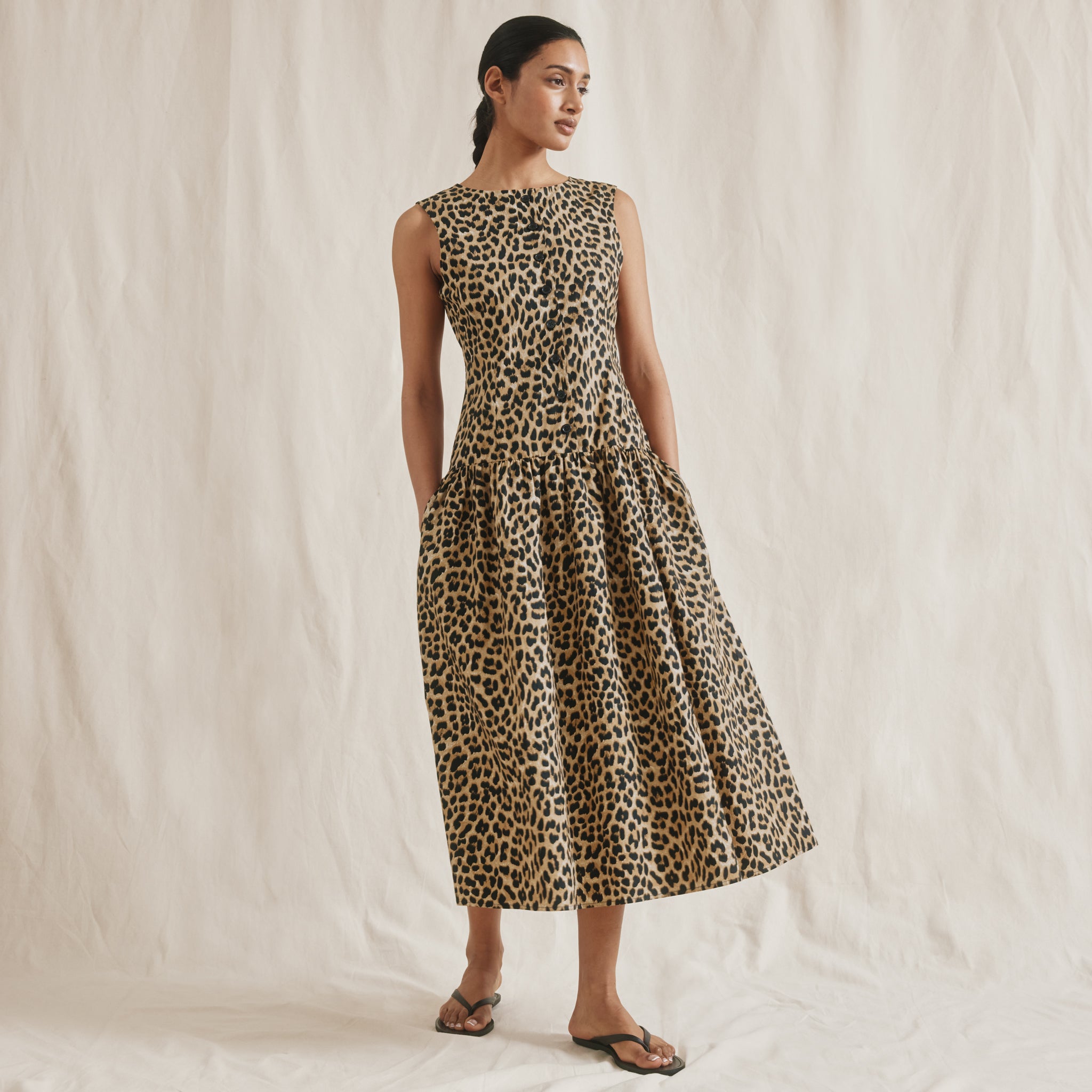 Animal Drop Waist Button Dress