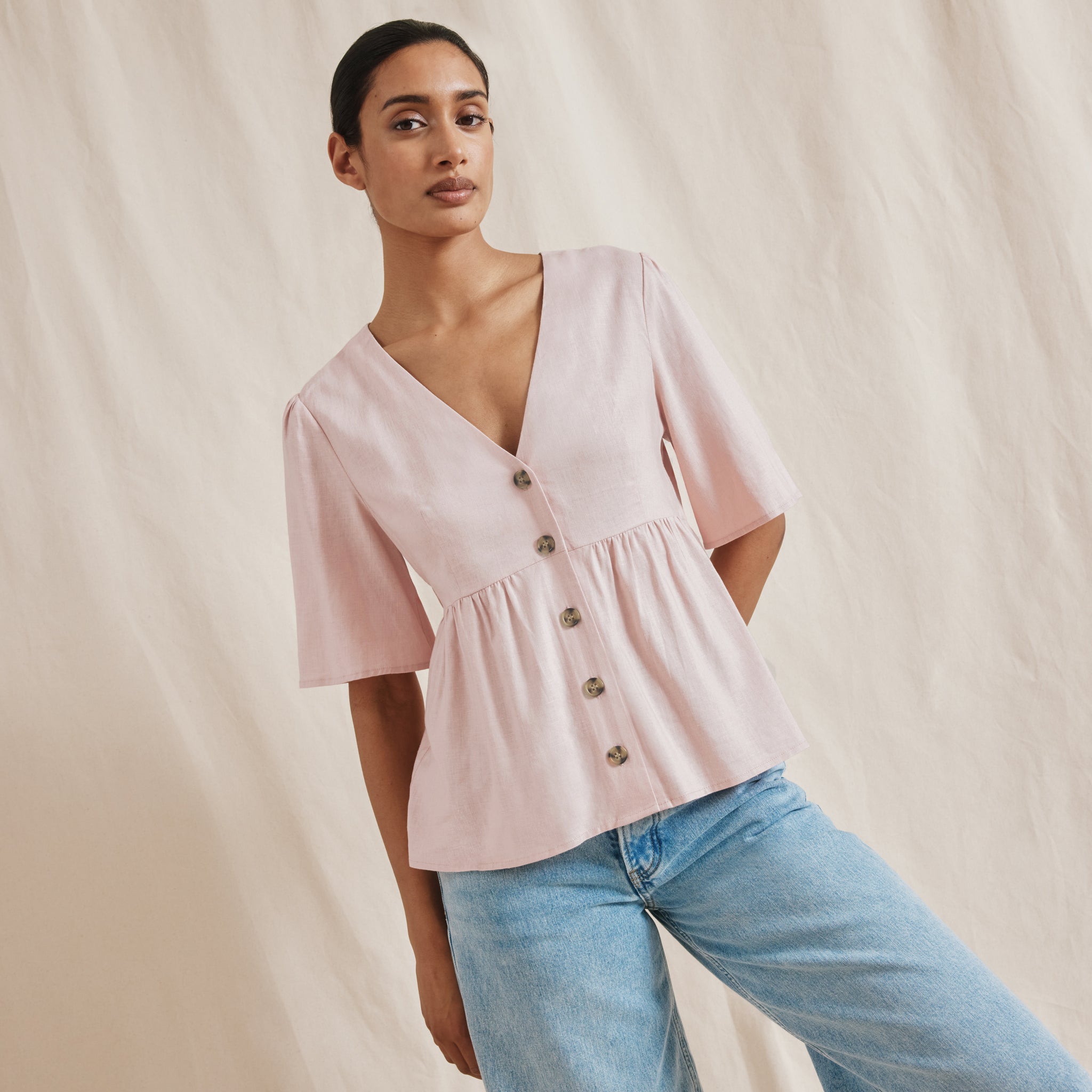 Linen Blend Button Peplum Top