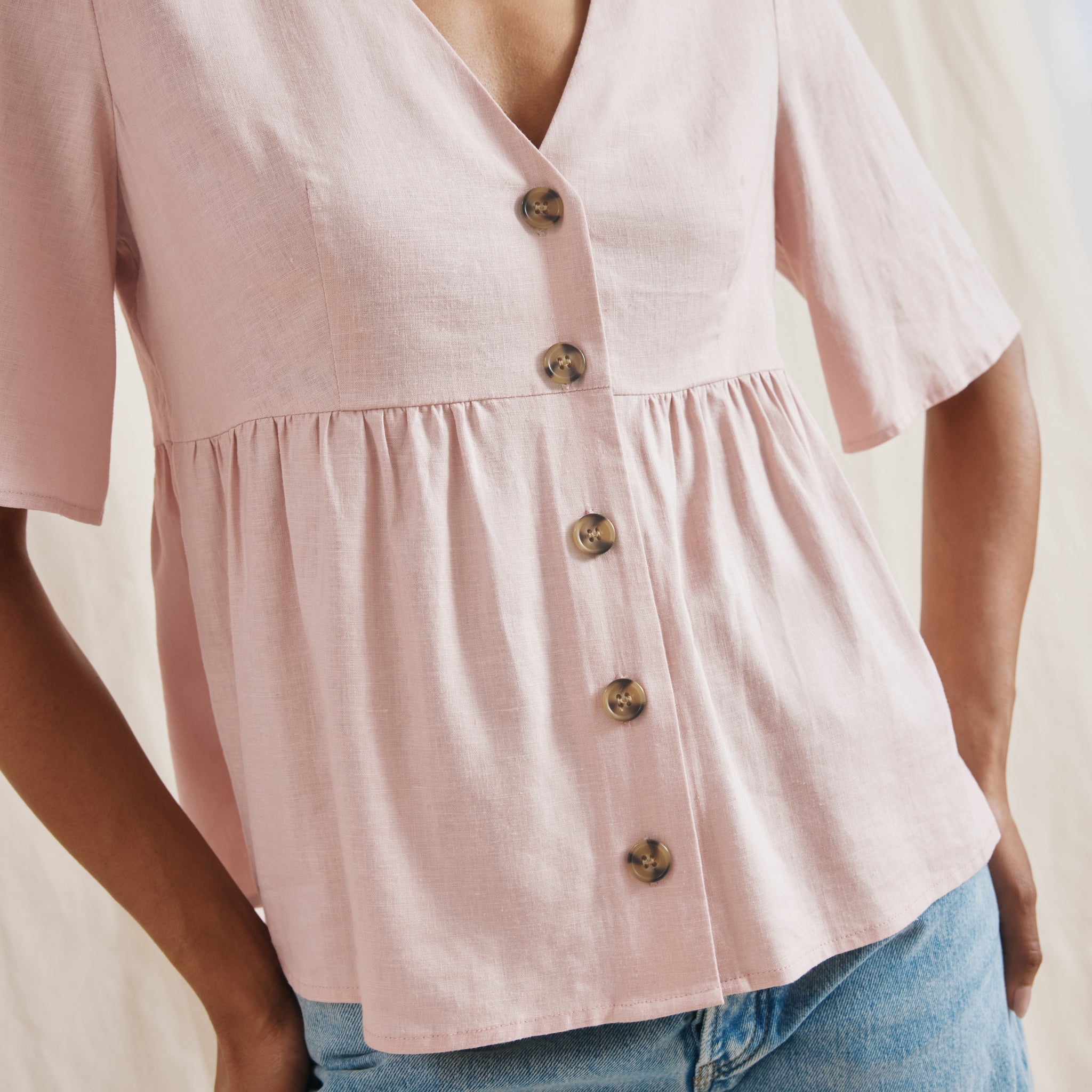 Re-Loved Linen Blend Button Peplum Top - Size 10