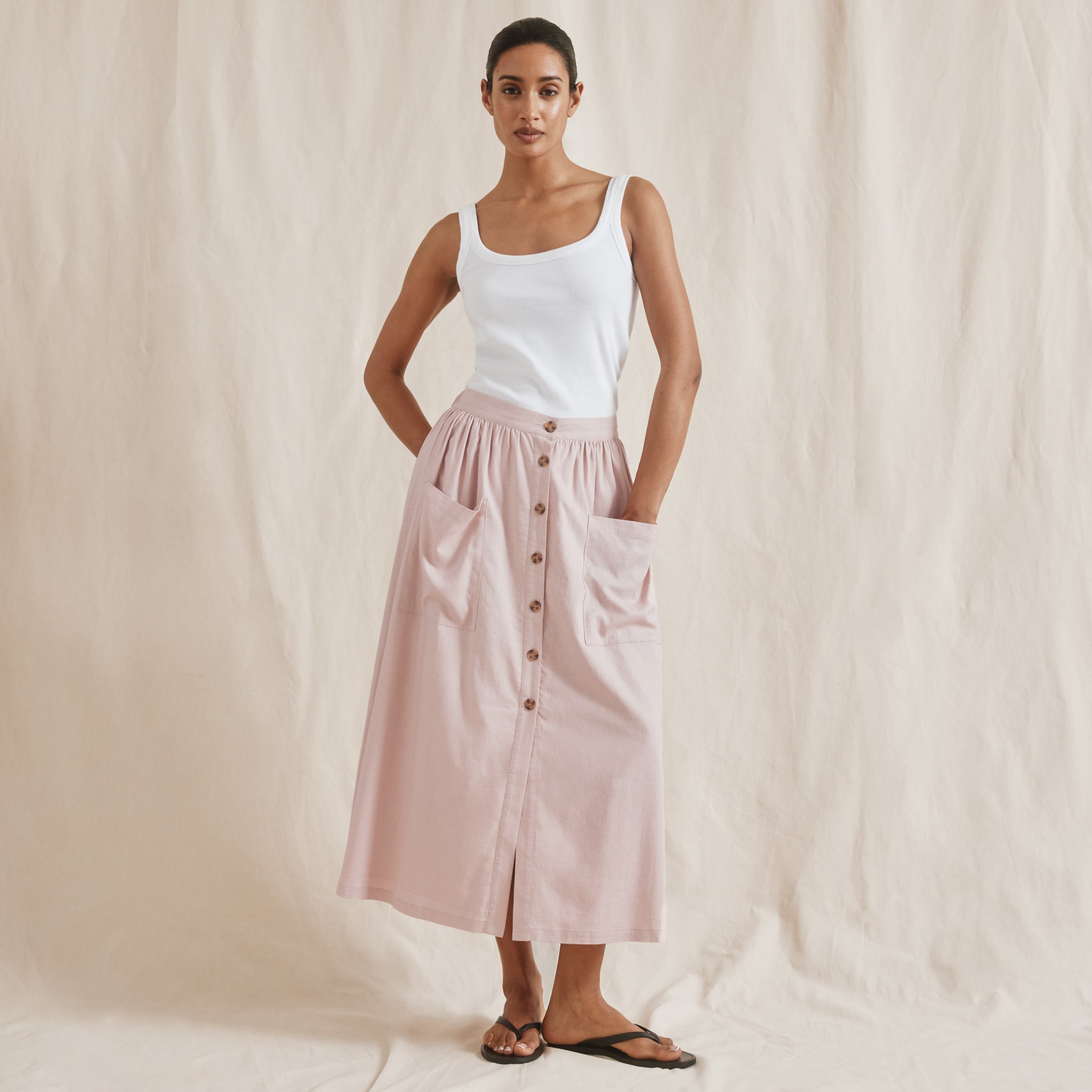 Linen Blend Button Midi Skirt