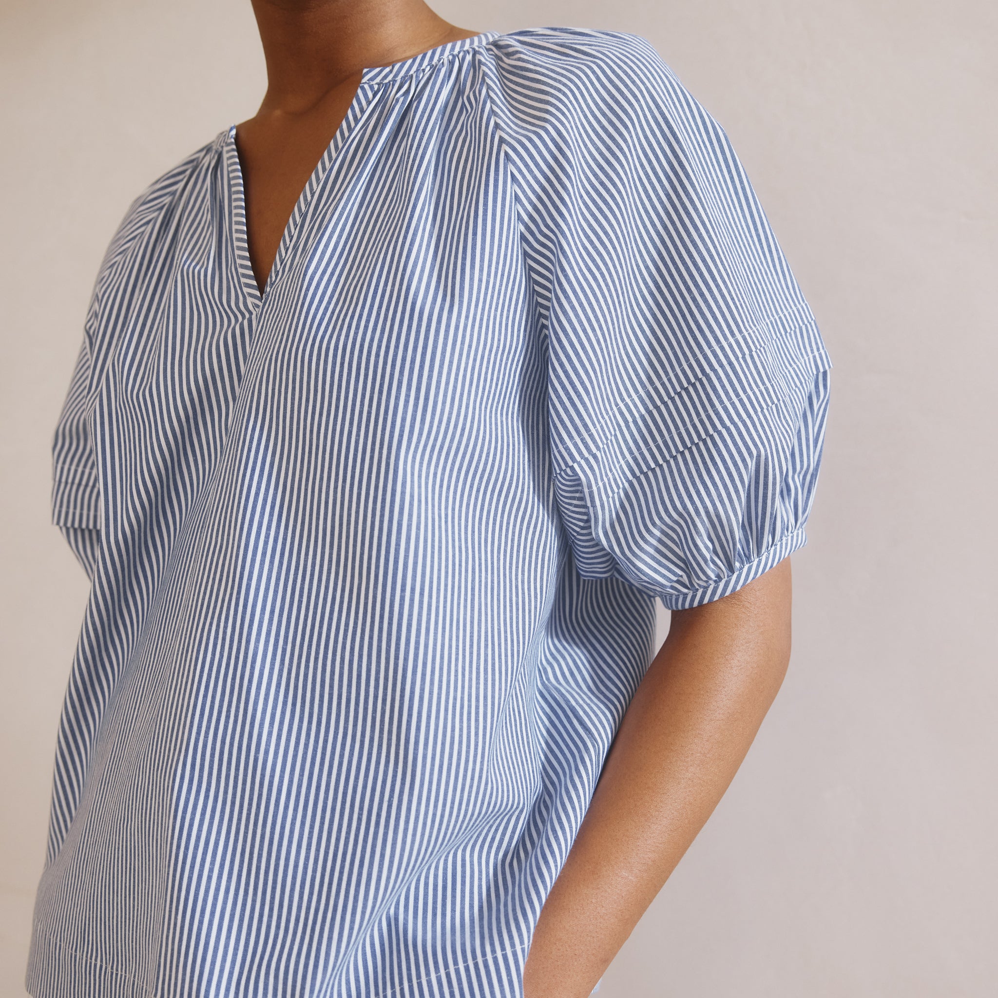 Blue Ticking Stripe Notch Neck Top