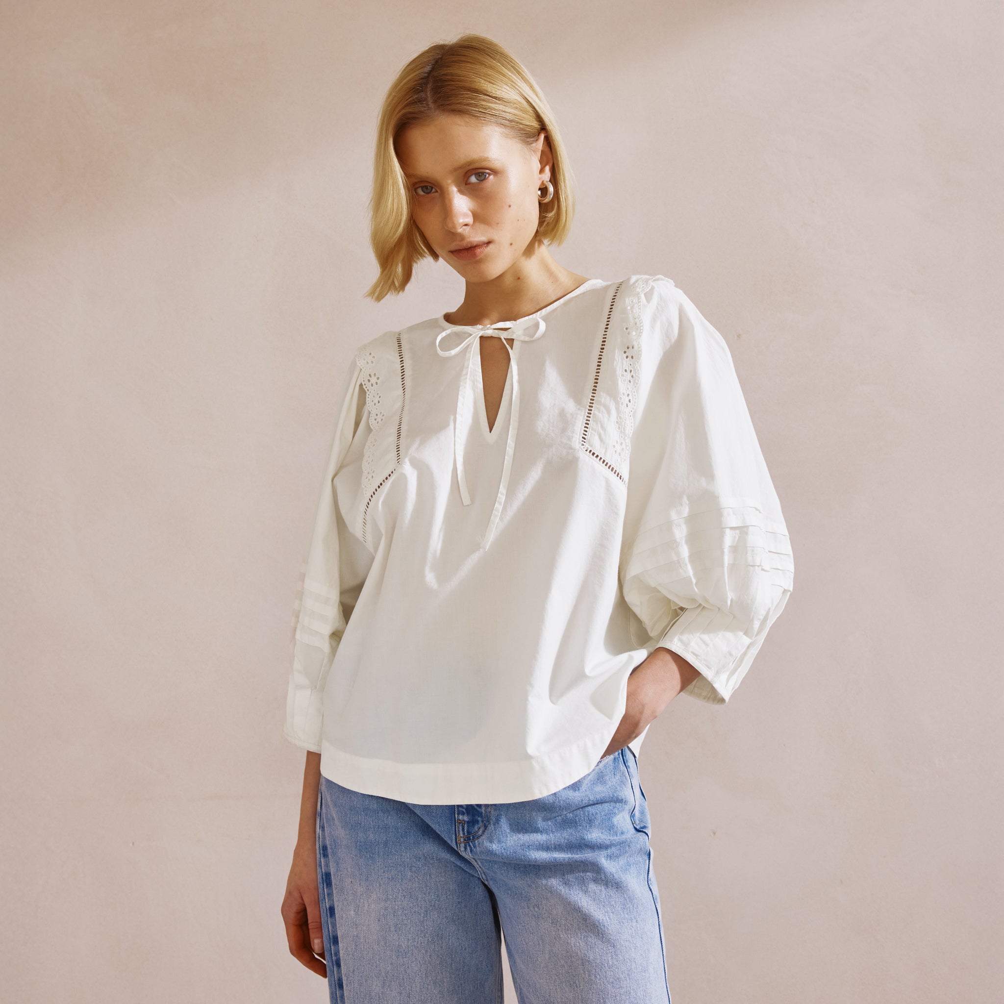 Re-Loved Cream Cotton Pintuck Sleeve Top Size 16