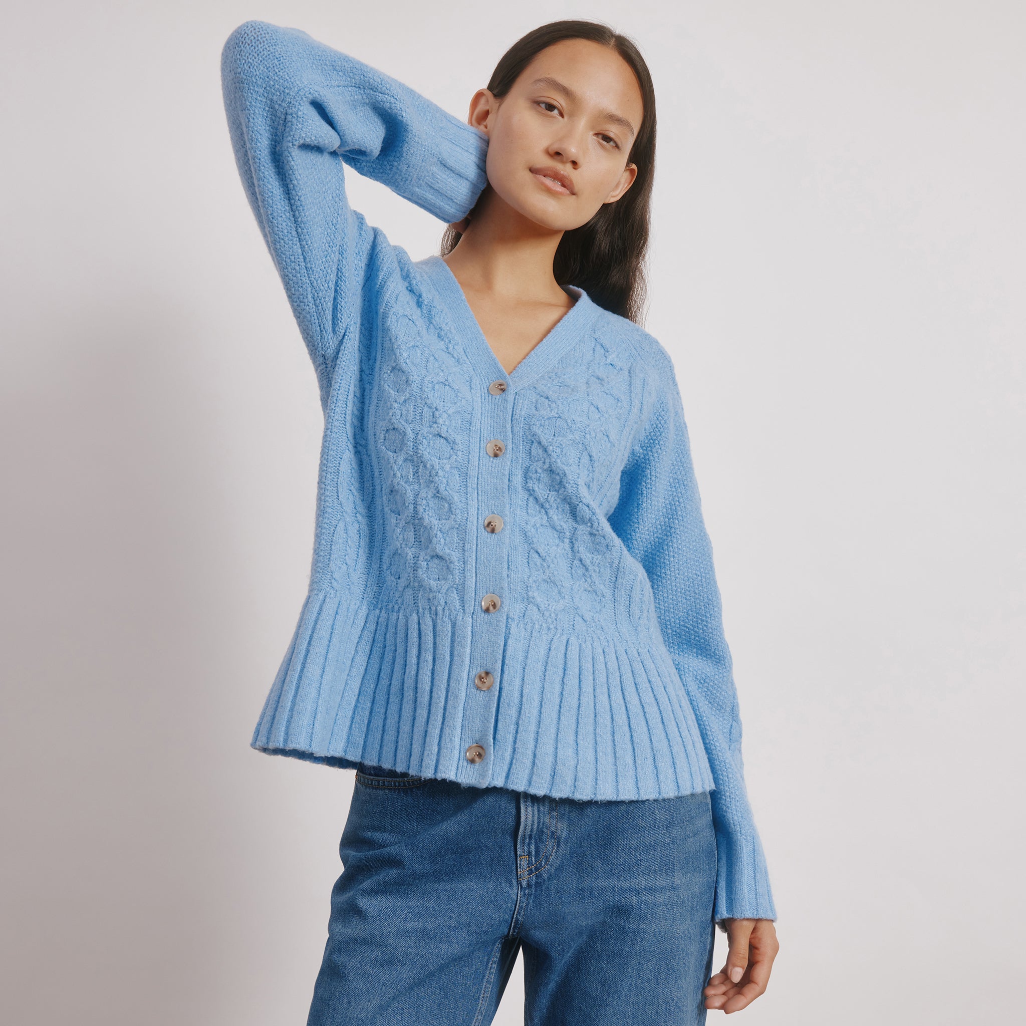 Blue Cable Peplum Cardigan | Sustainable Womenswear | Albaray