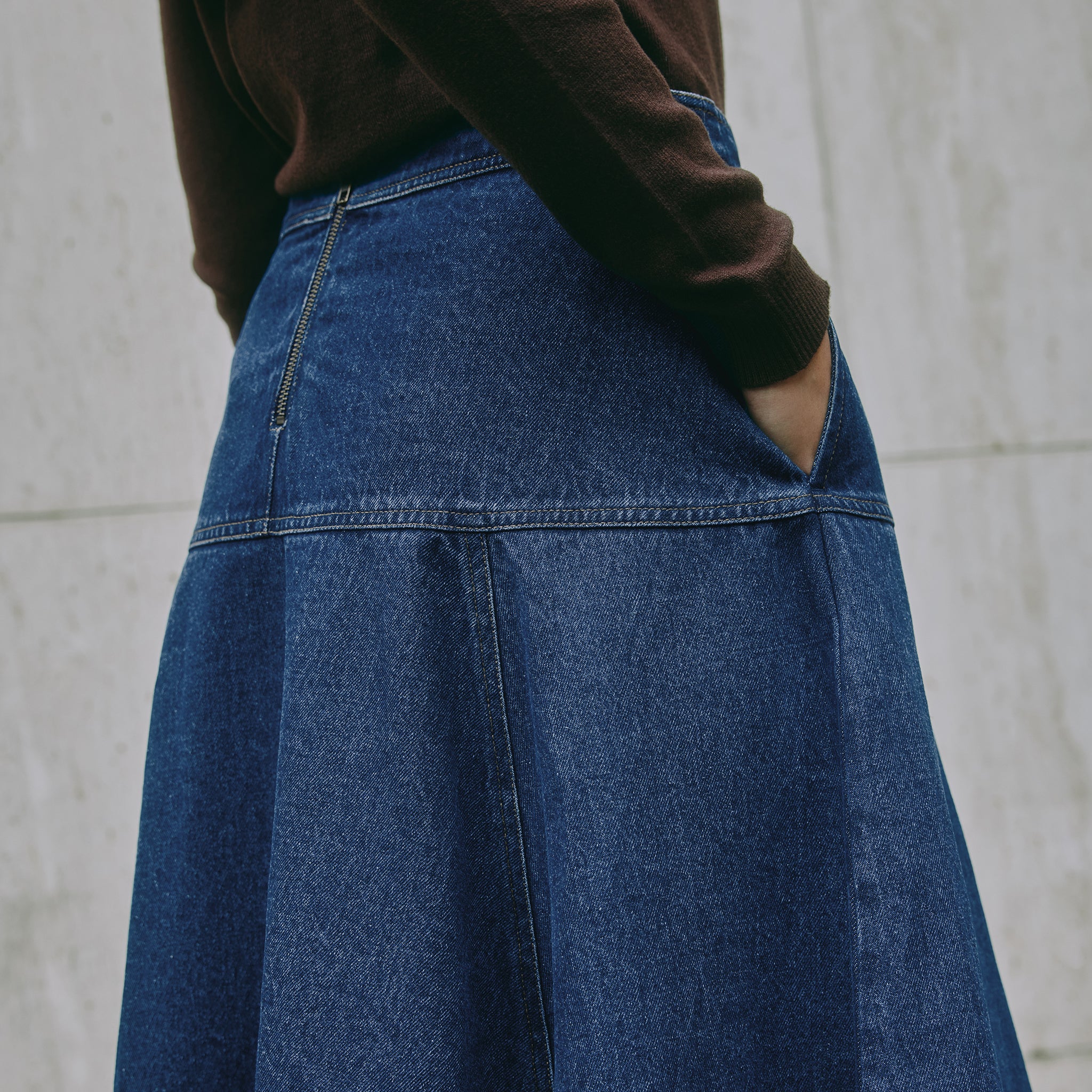 Denim Basque Midi Skirt