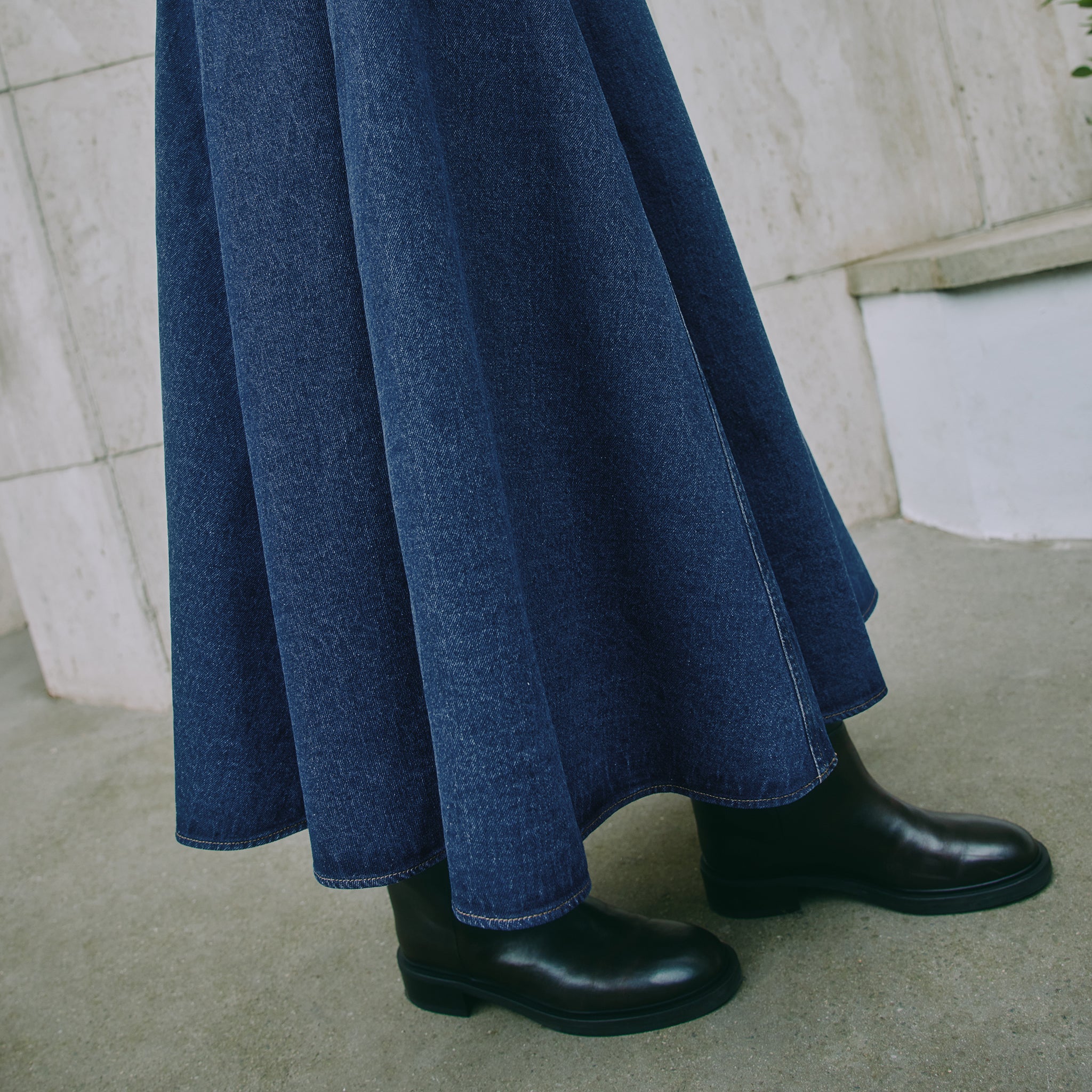 Denim Basque Midi Skirt