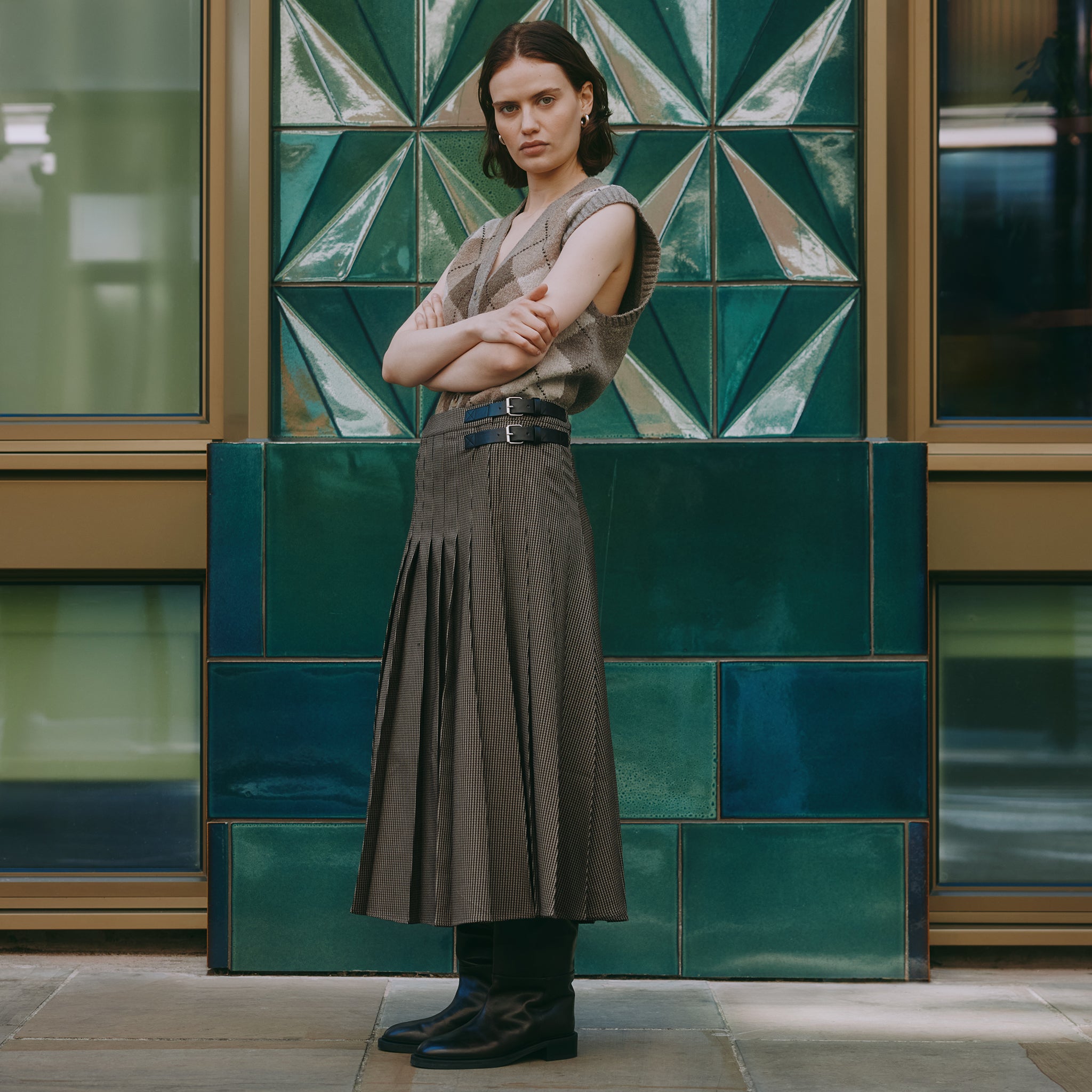 Houndstooth Pleat Midi Skirt