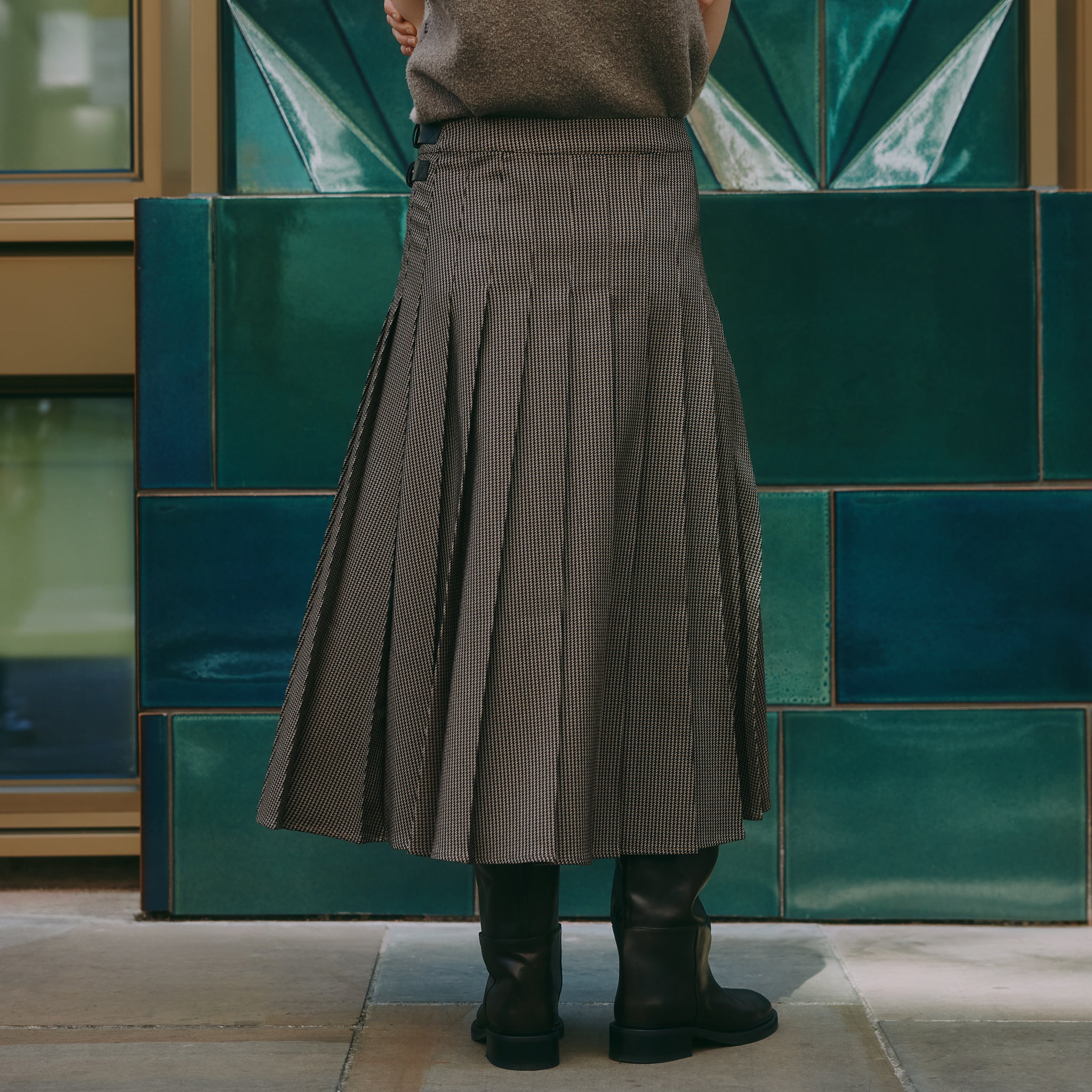 Houndstooth Pleat Midi Skirt