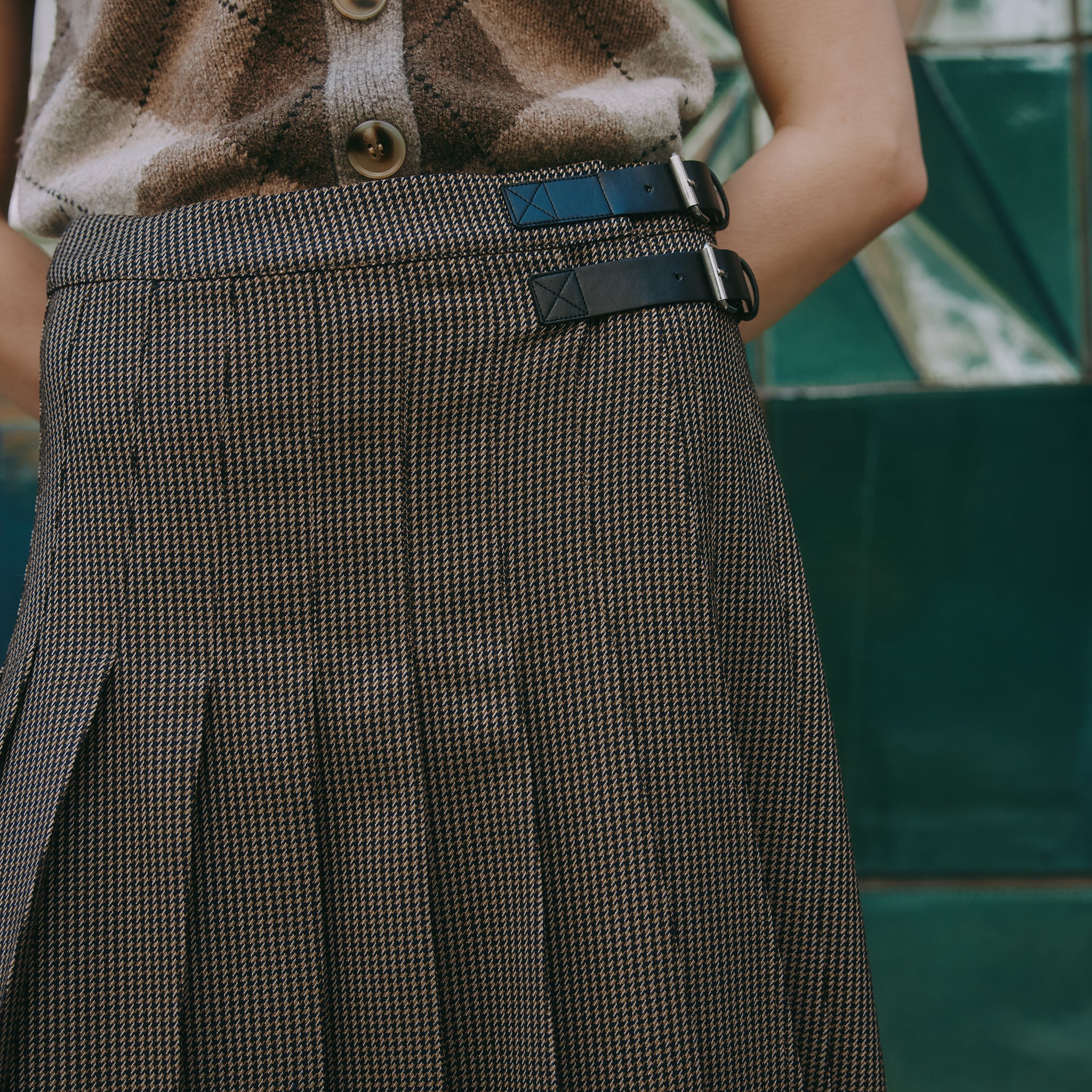 Houndstooth Pleat Midi Skirt