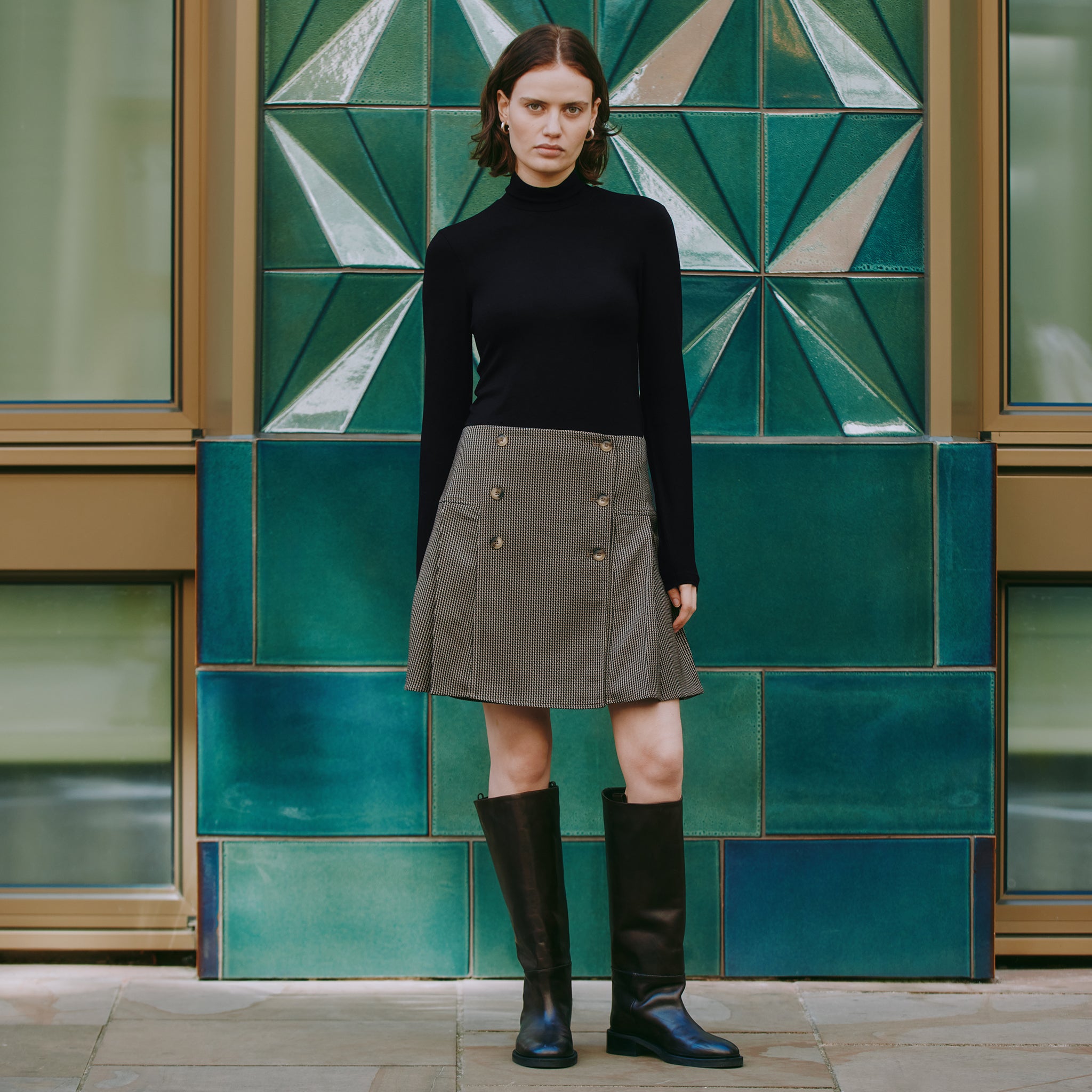 Houndstooth Short Pleated Skirt