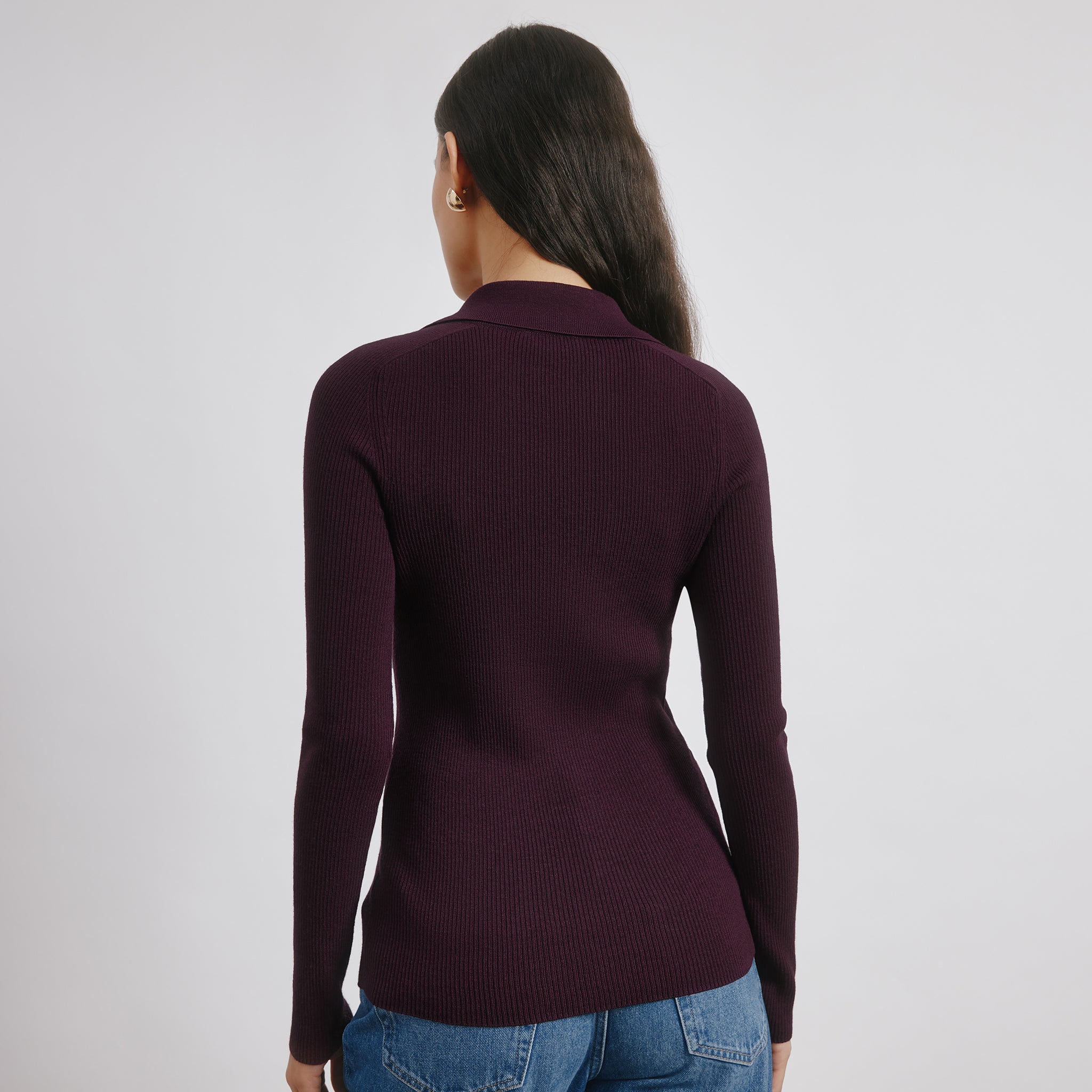 Burgundy Rib V Neck Button Top