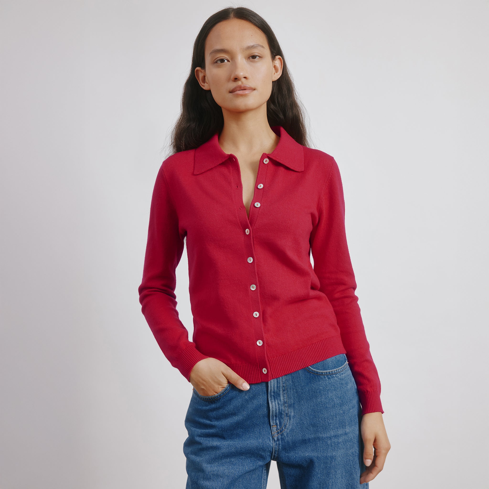 Red Fine Knit Polo Top