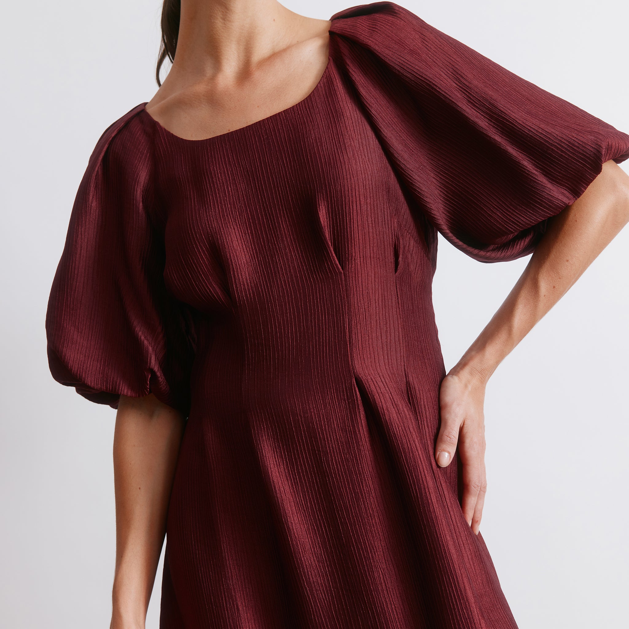 Burgundy Crinkle Satin Midi Dress