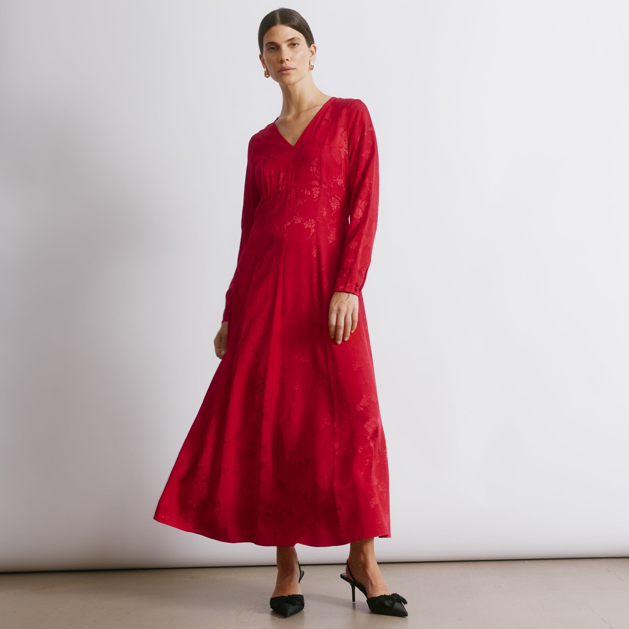 Red Jacquard Satin Midi Dress