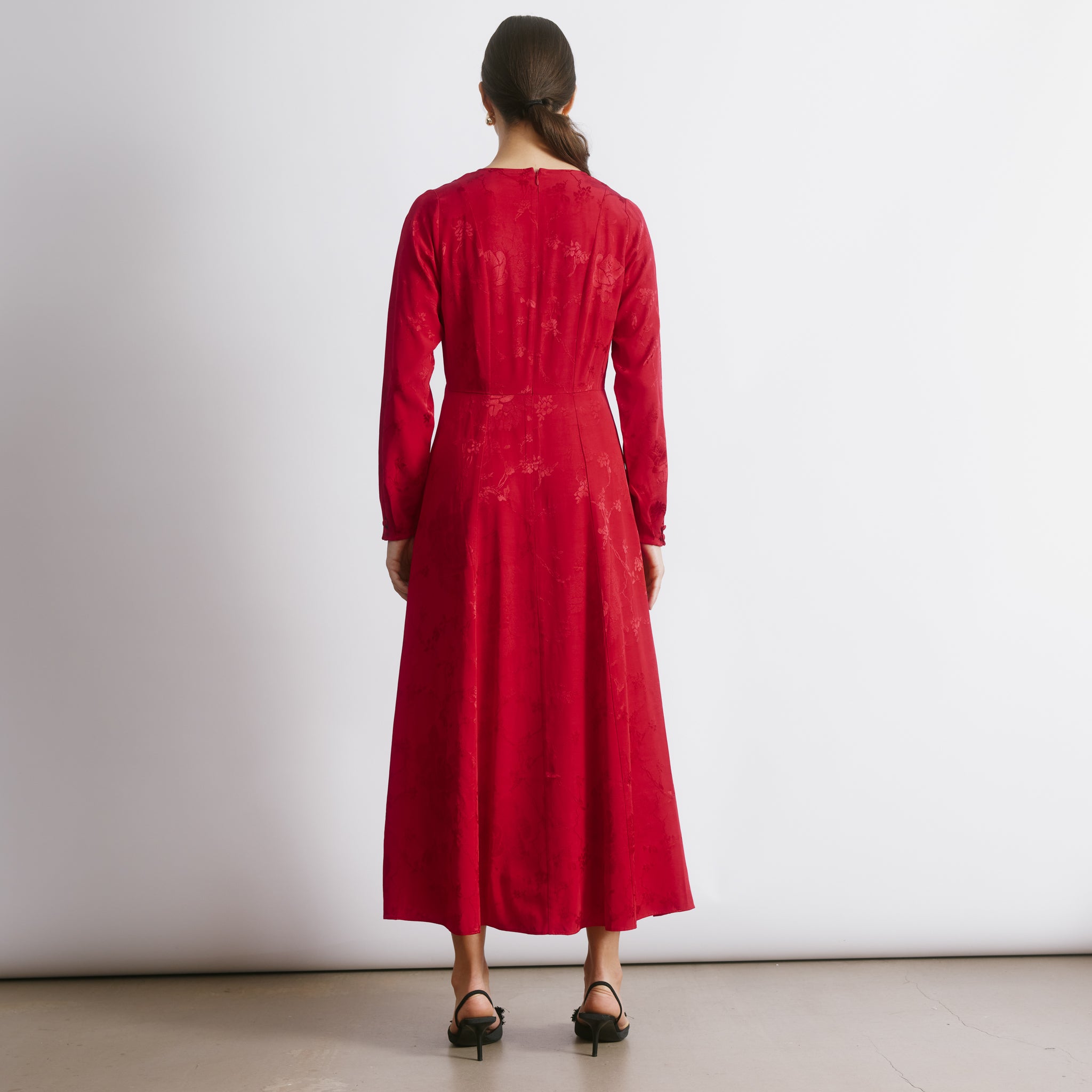 Red Jacquard Satin Midi Dress