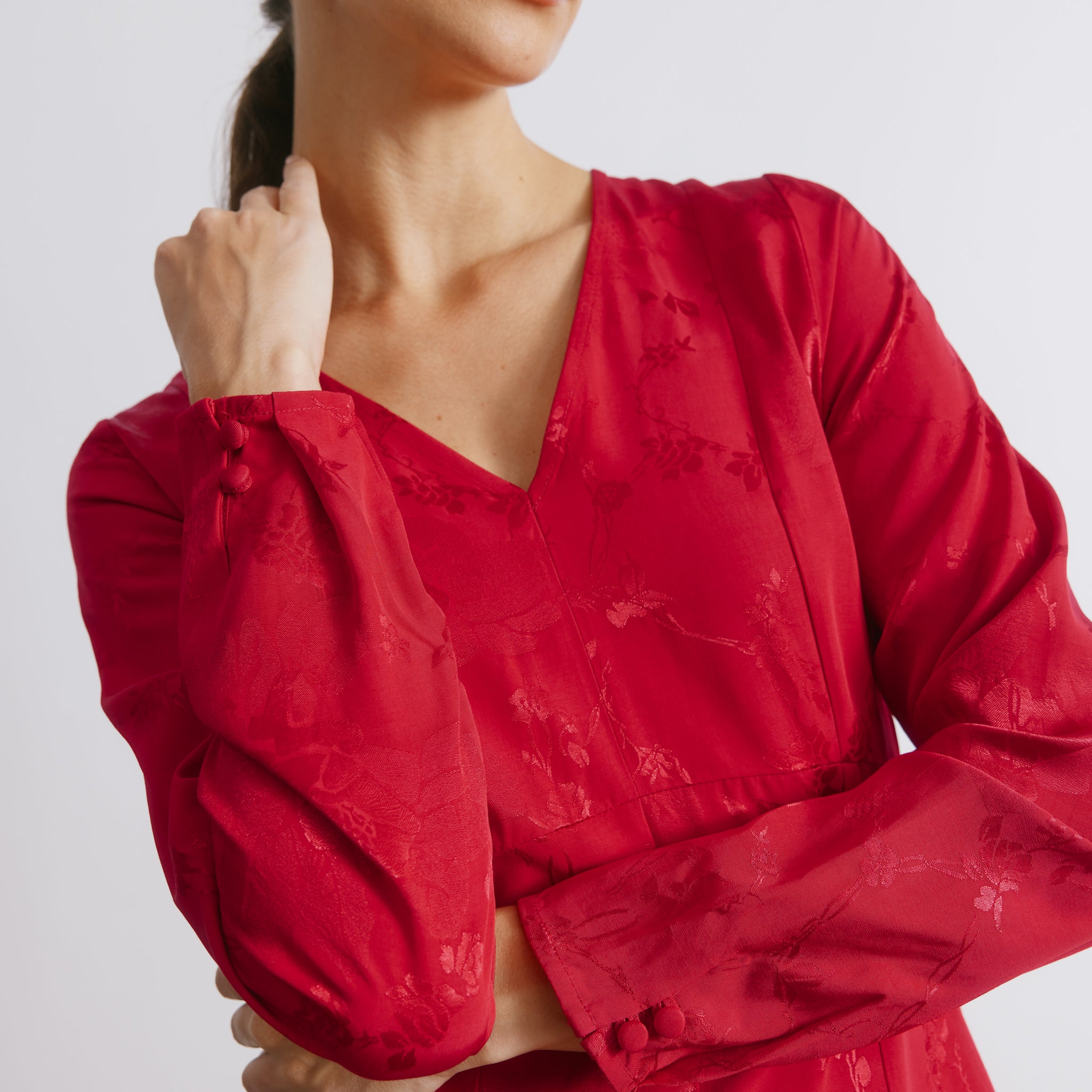 Red Jacquard Satin Midi Dress