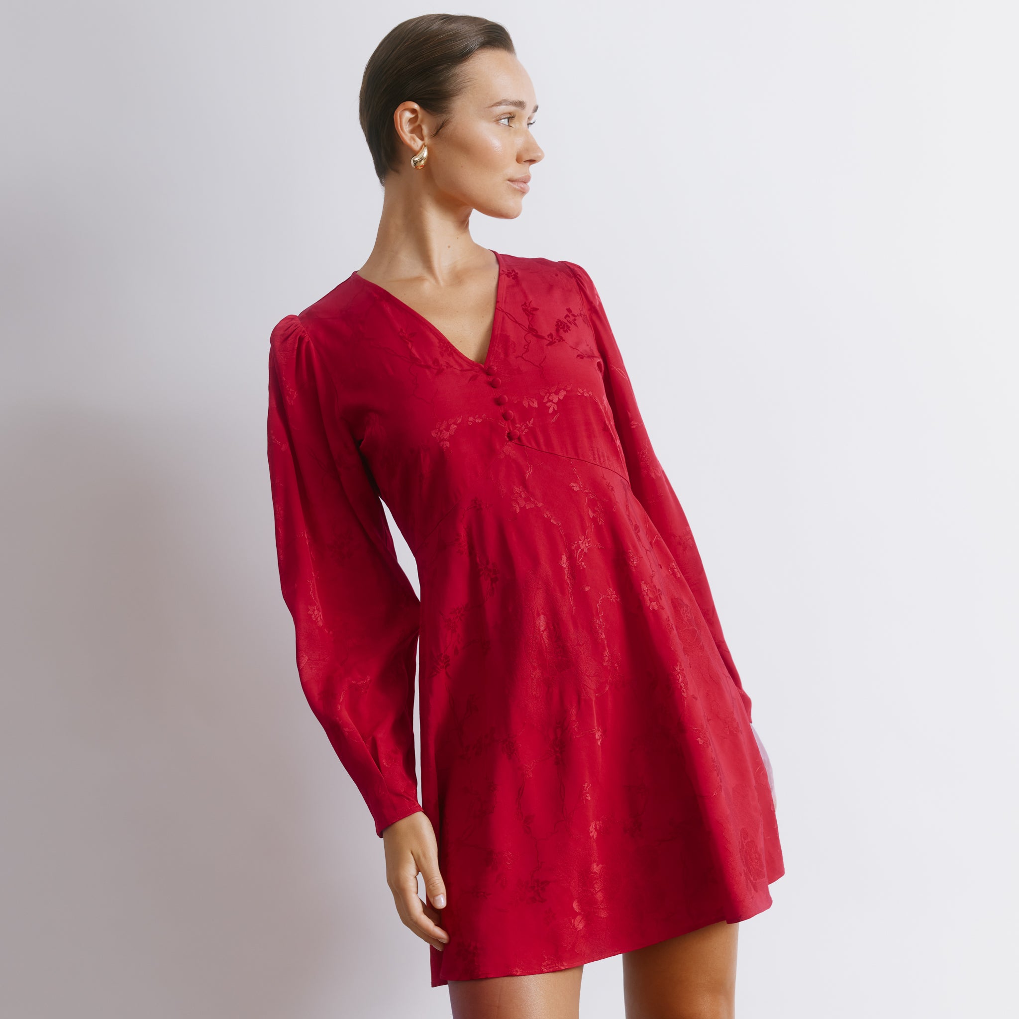 Red Jacquard Satin Short Dress