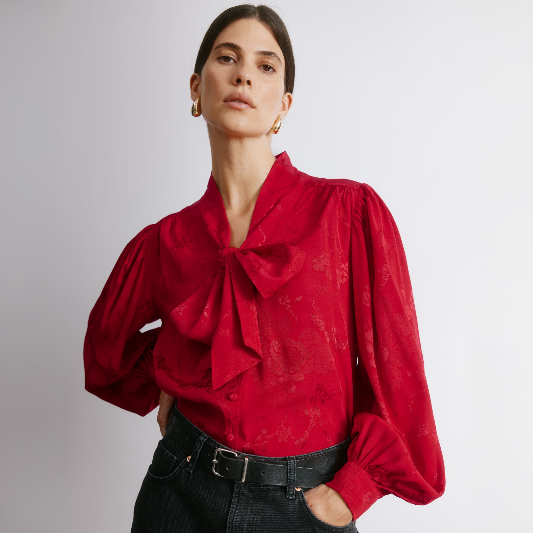Red Jacquard Satin Tie Neck Blouse
