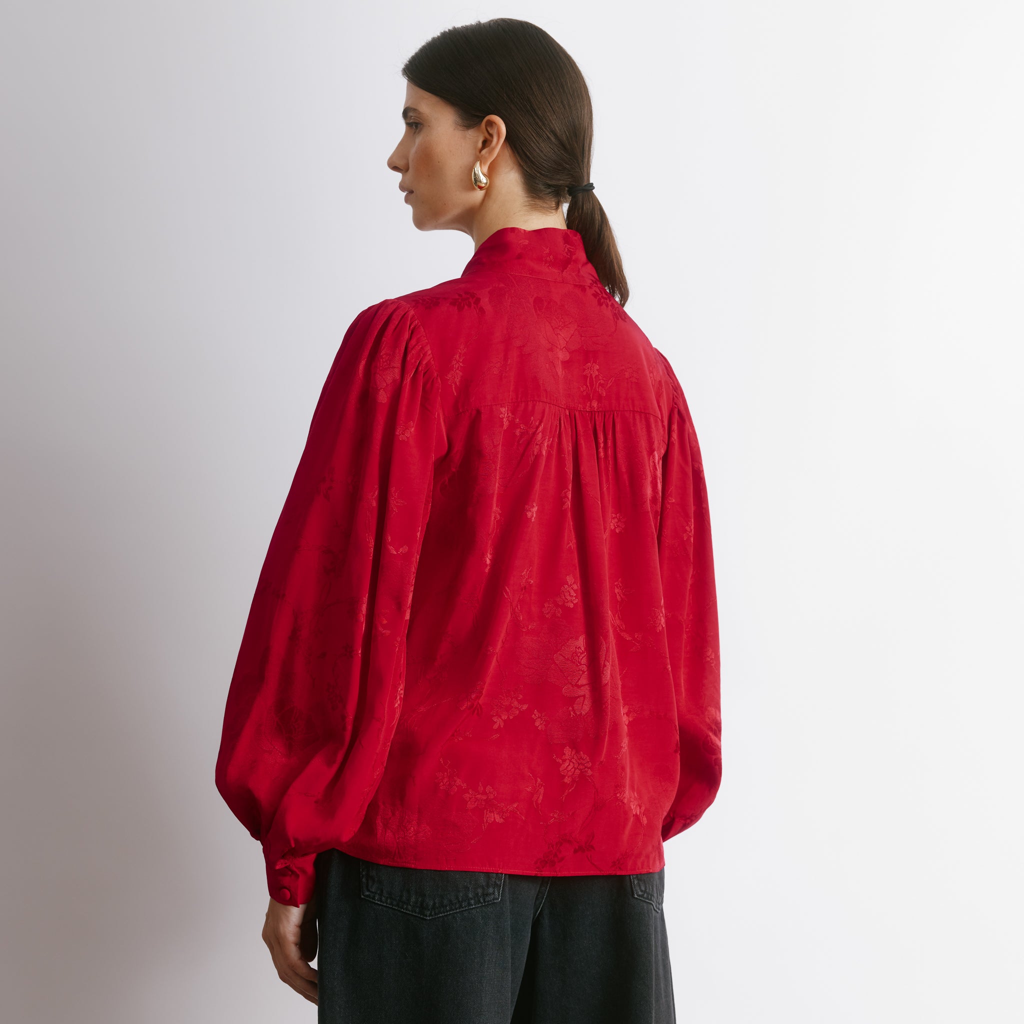 Red Jacquard Satin Tie Neck Blouse