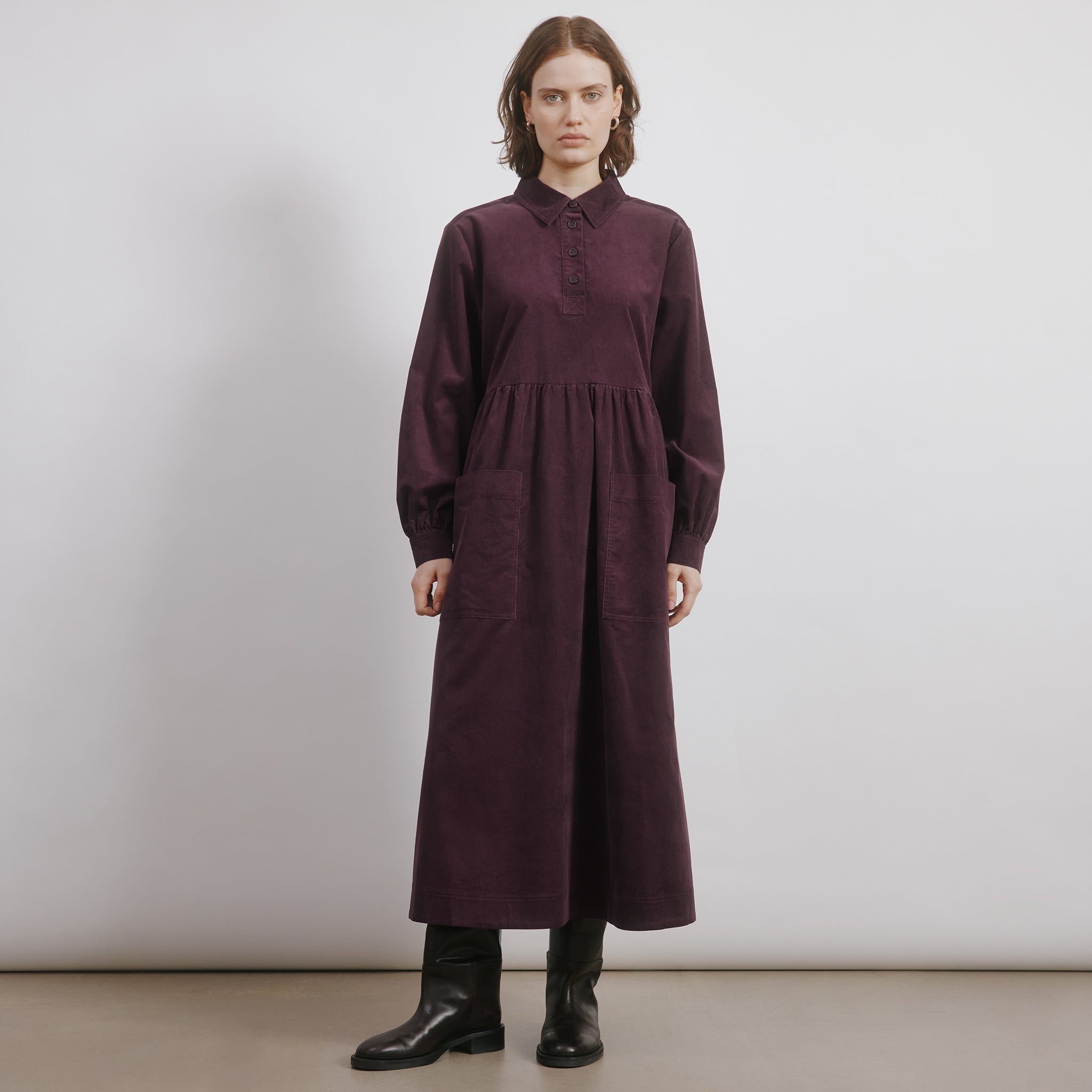 Burgundy Cord Placket Midi Dress