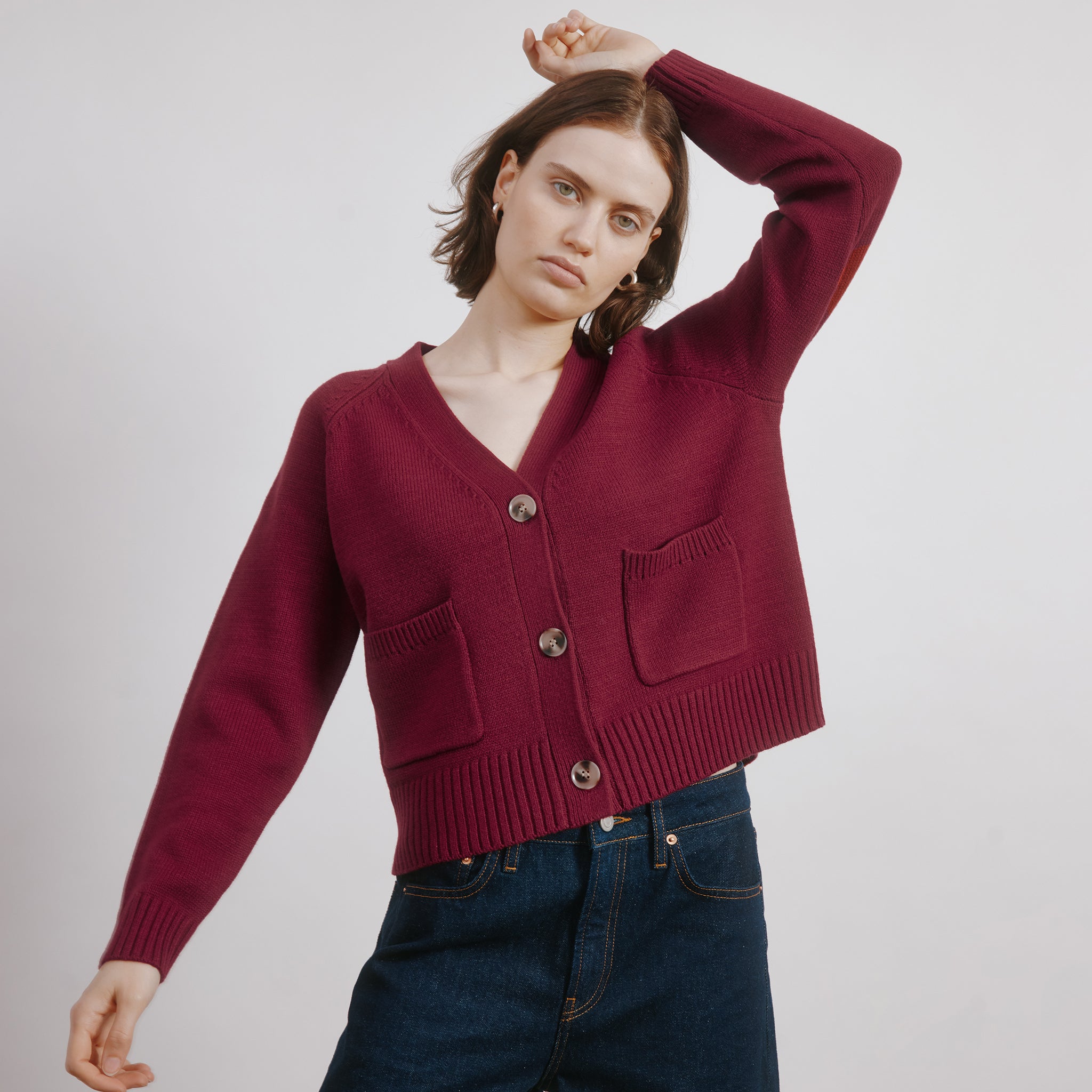 Dark Red Relaxed V Neck Cardi