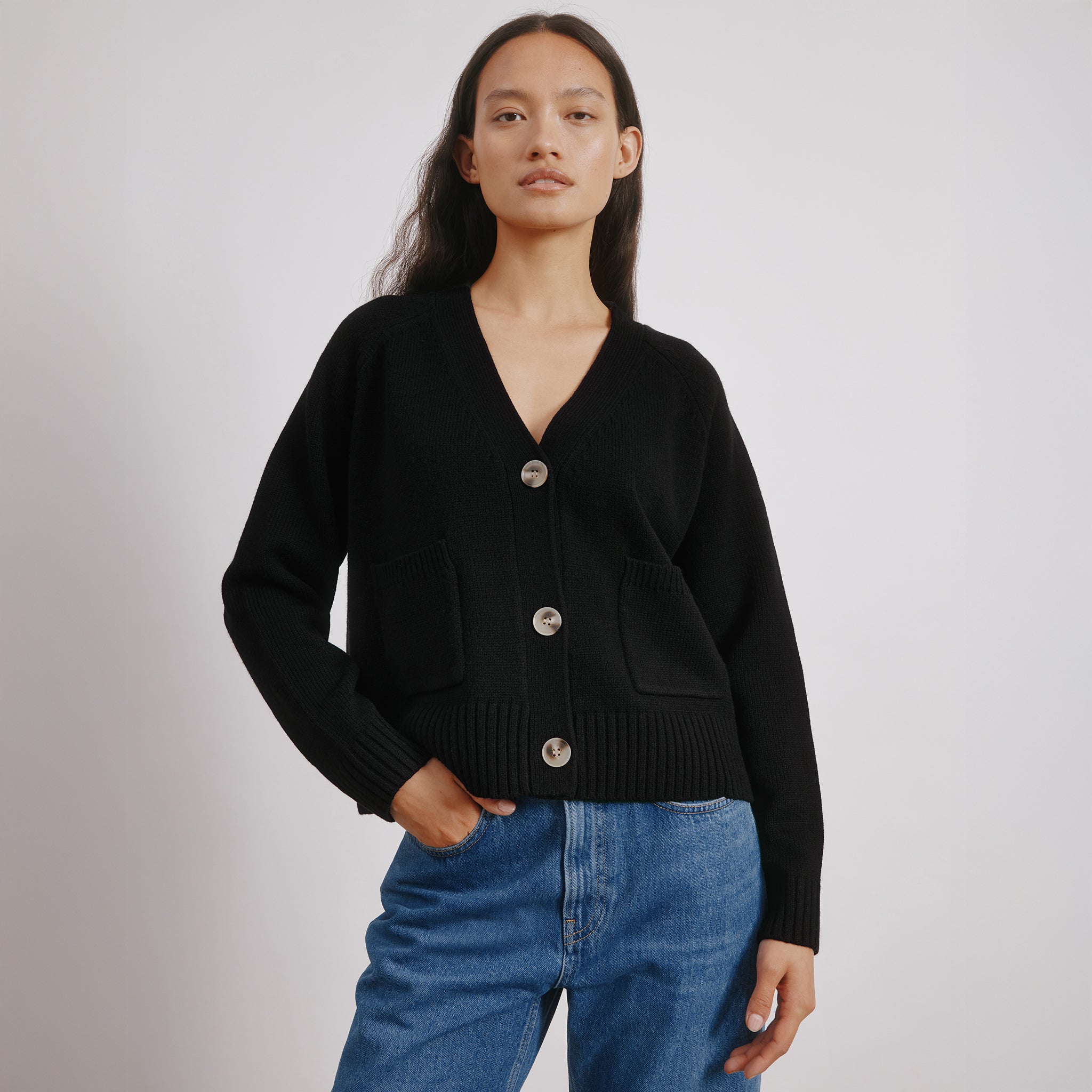 Black Relaxed V Neck Cardi