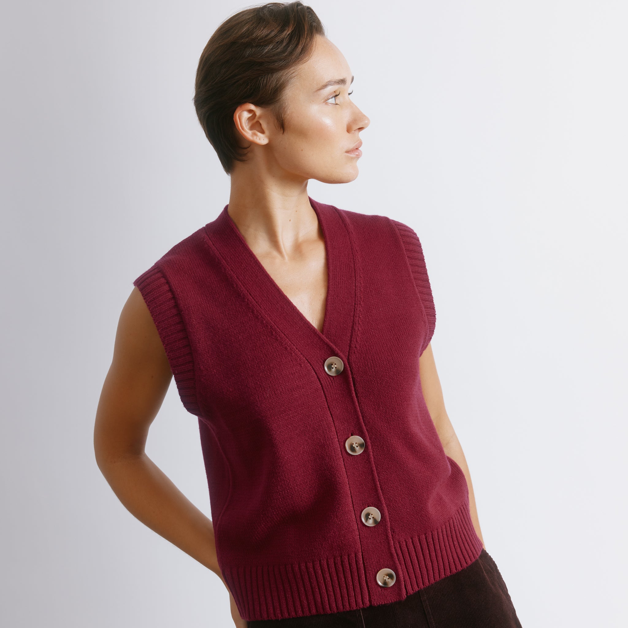 Dark Red Button V Neck Tank