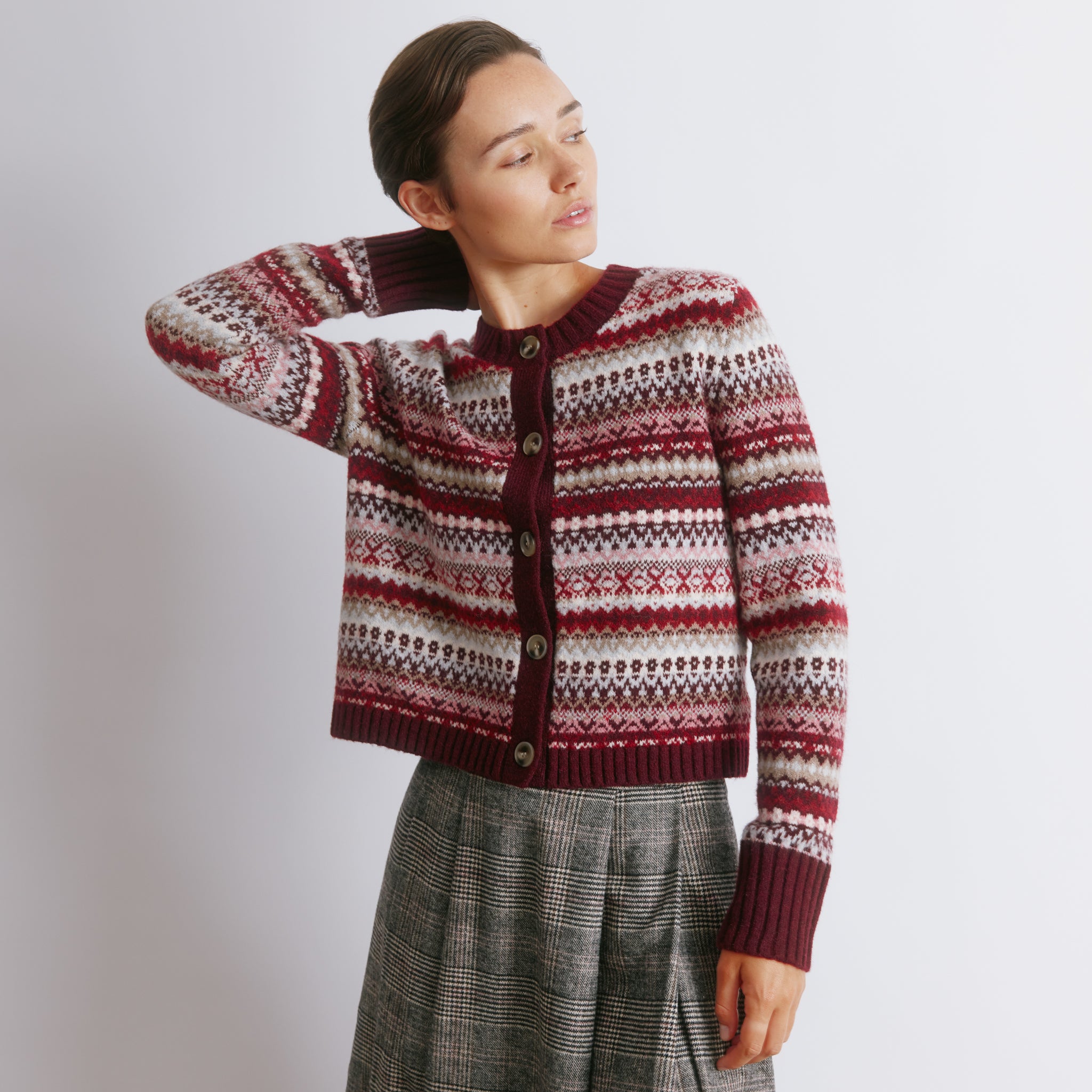 Burgundy Fair Isle Cropped Cardigan