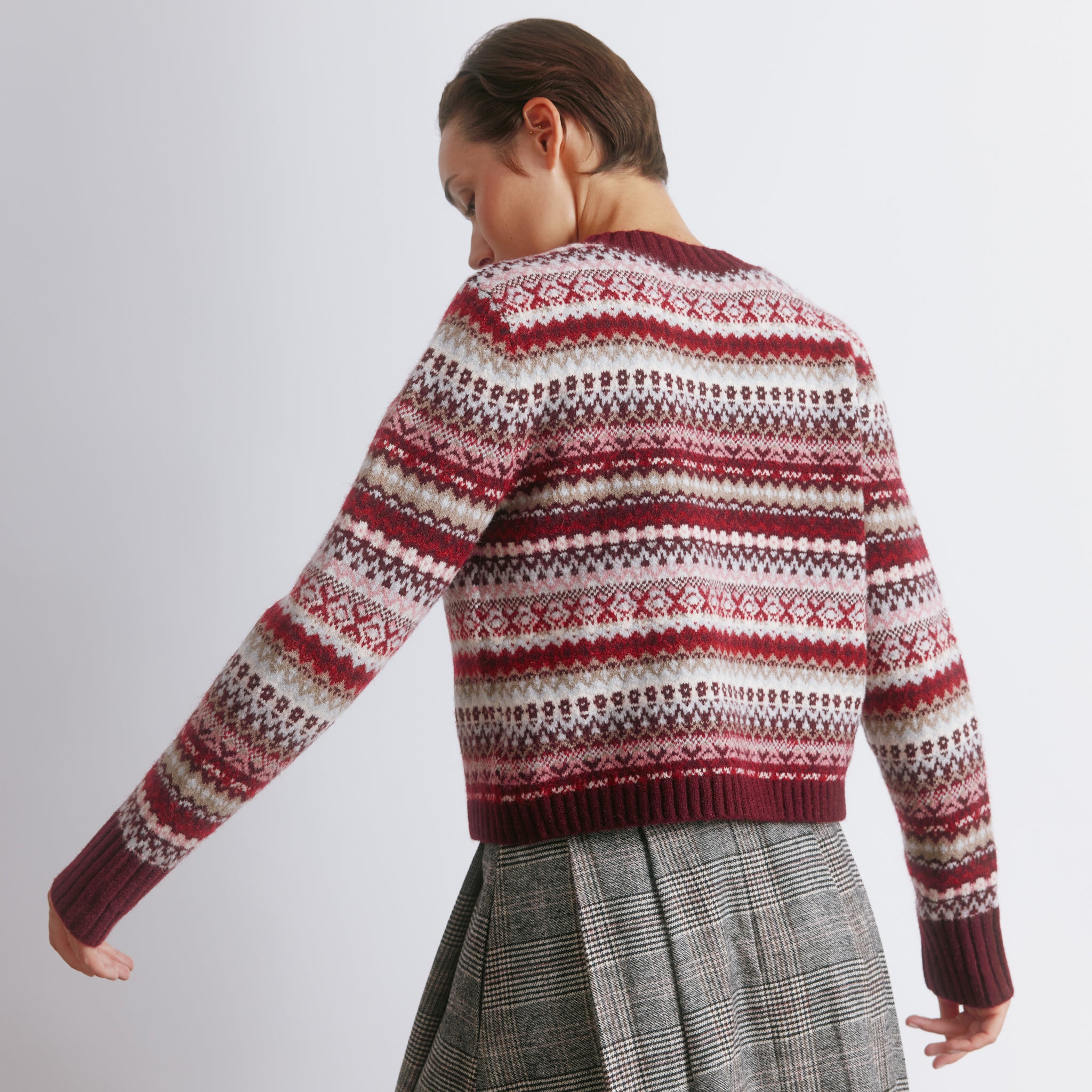 Burgundy Fair Isle Cropped Cardigan