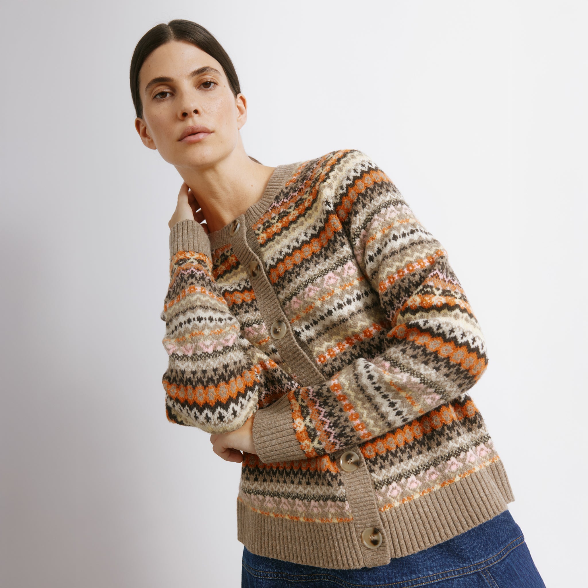 Neutral Fair Isle Crew Cardigan