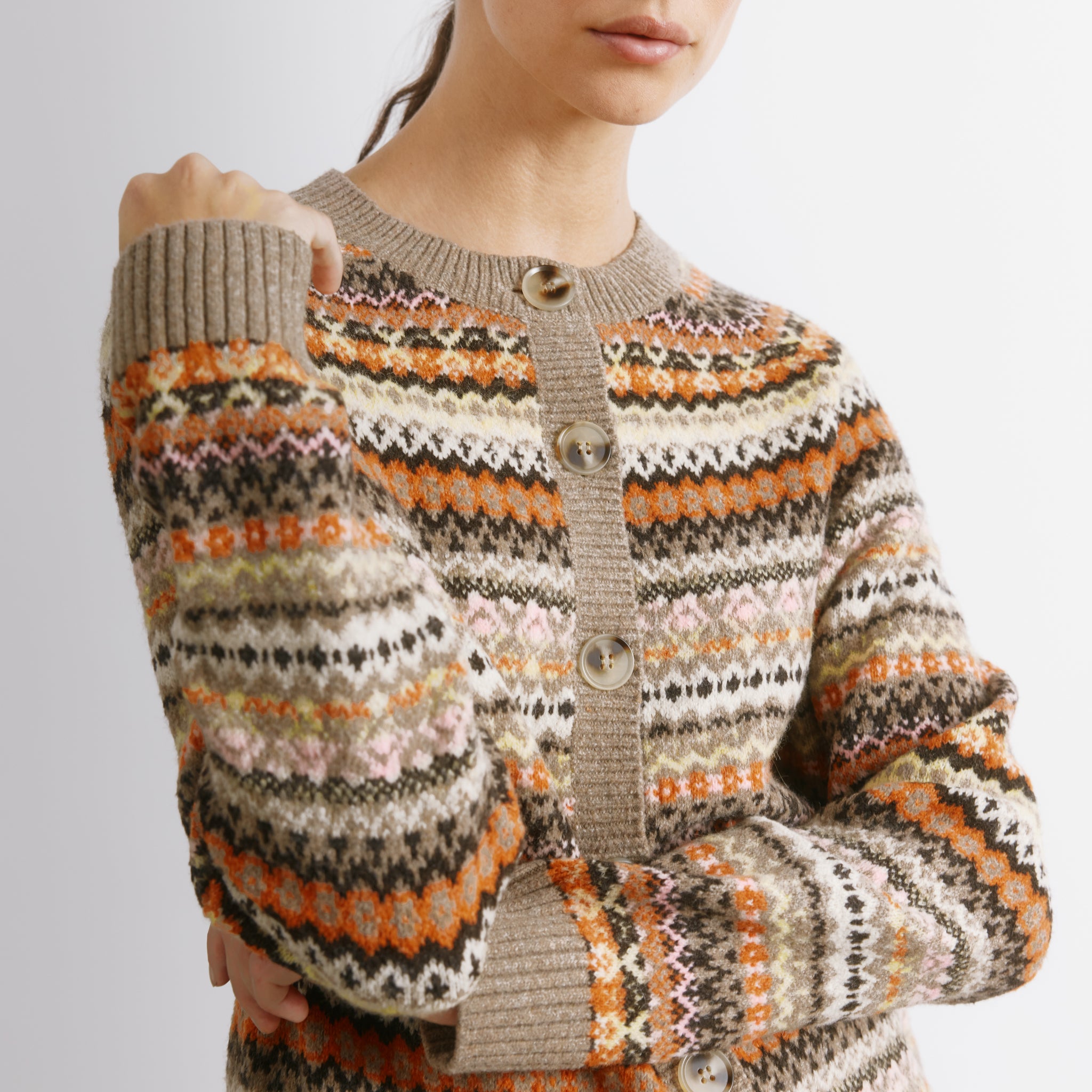 Neutral Fair Isle Crew Cardigan