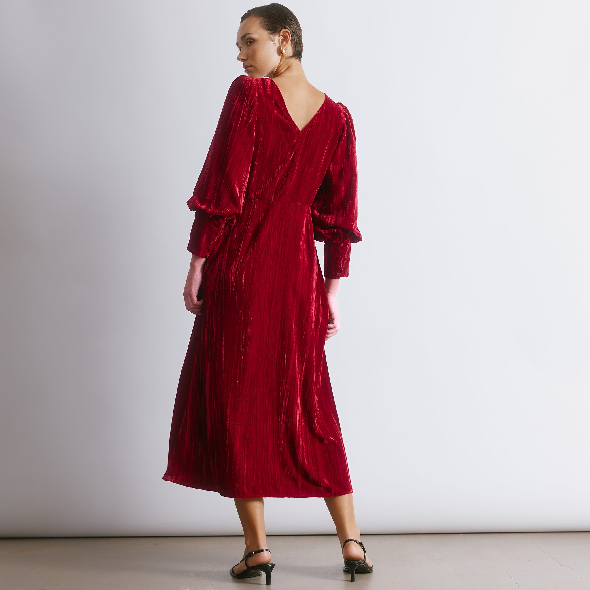Crushed Deep Red Velvet Midi Dress