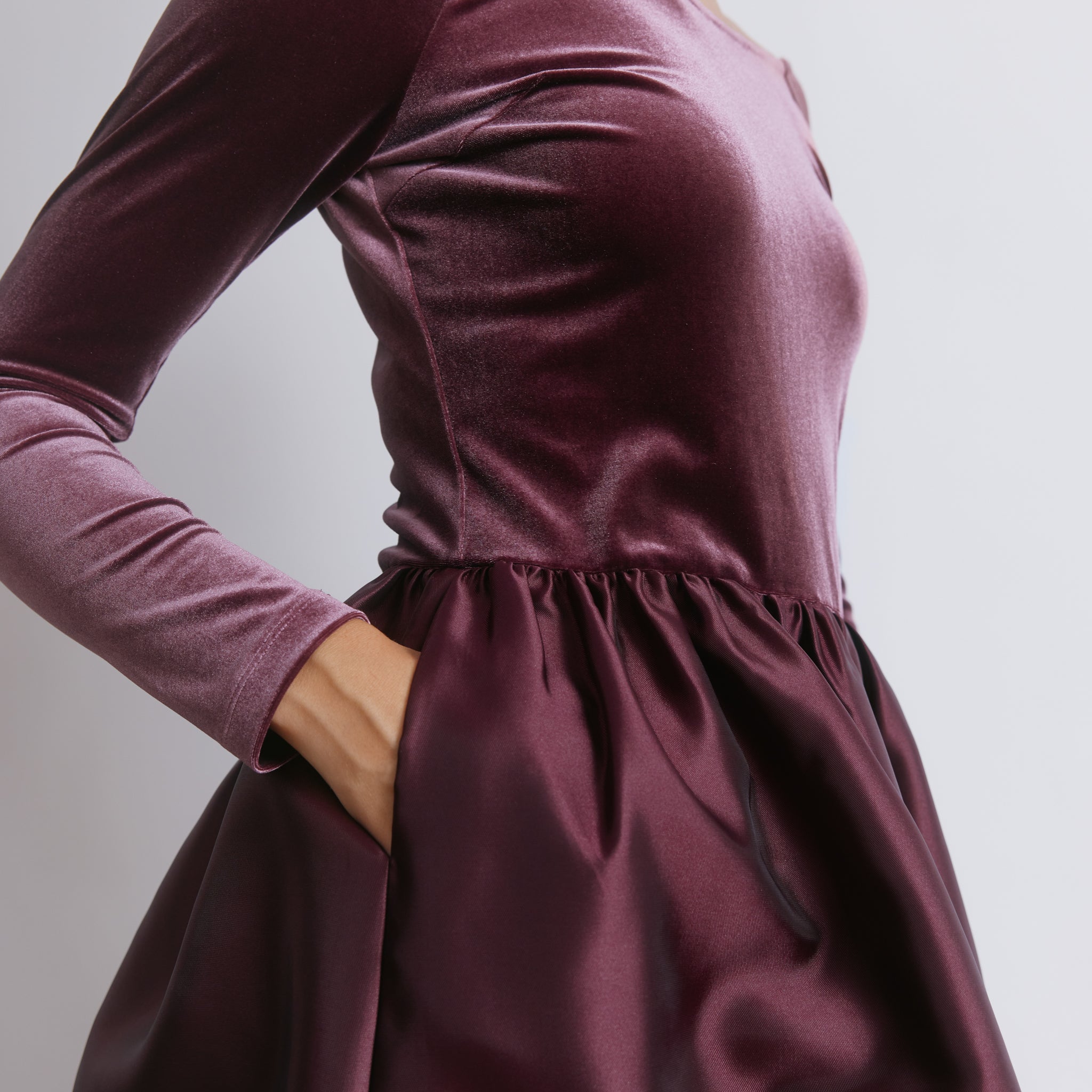 Burgundy Velvet & Taffeta Bardot Dress