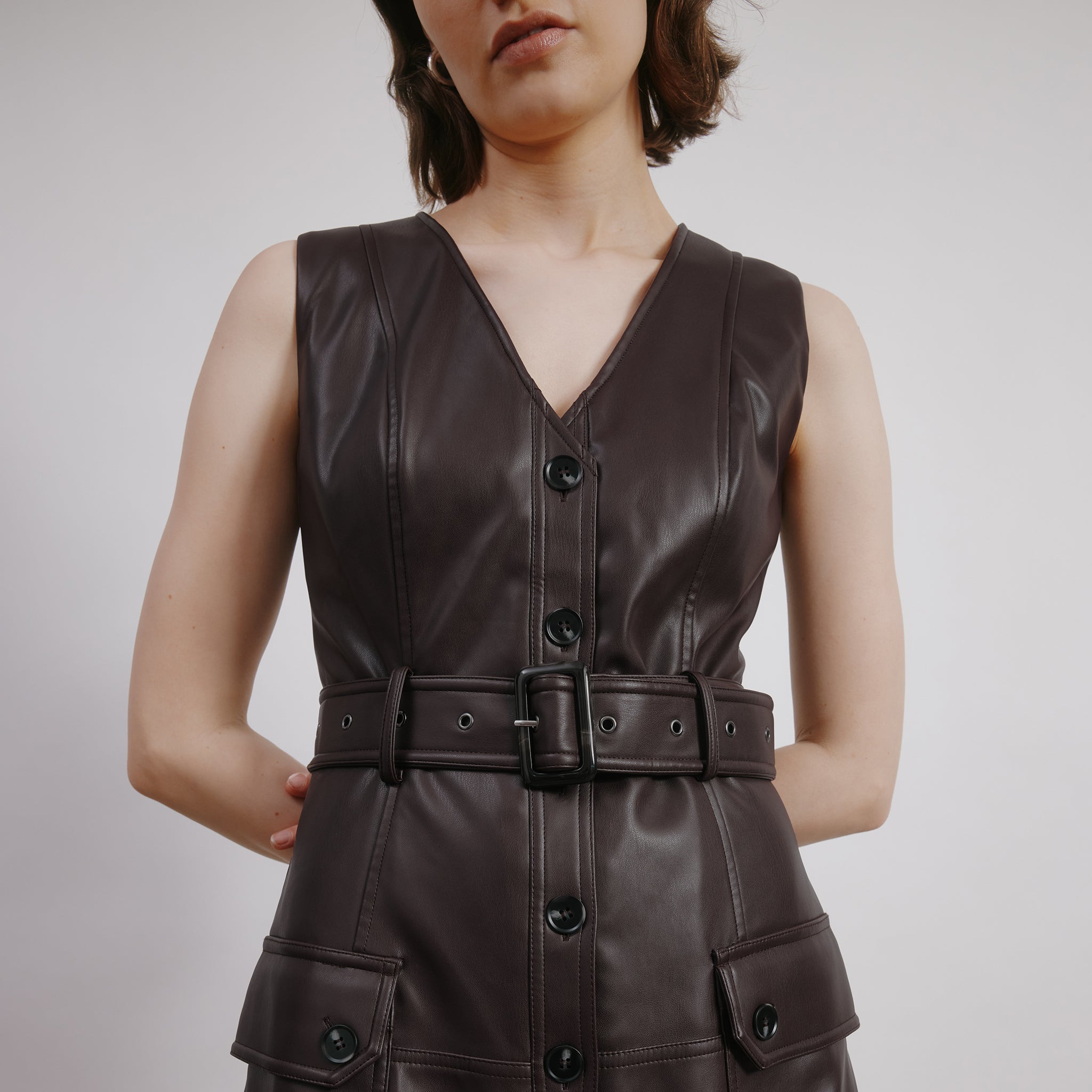 Faux Leather Belted Dress