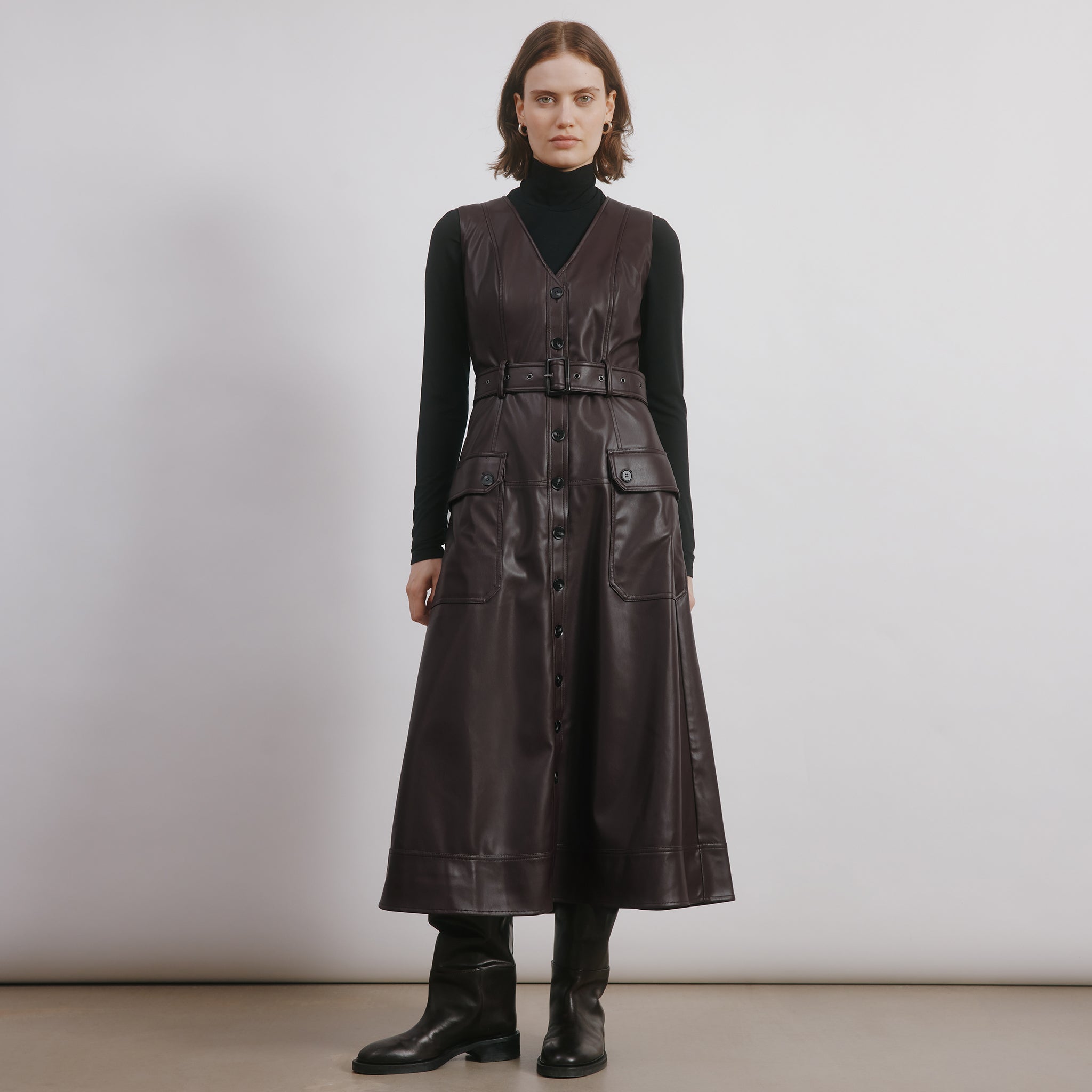 Faux Leather Belted Dress