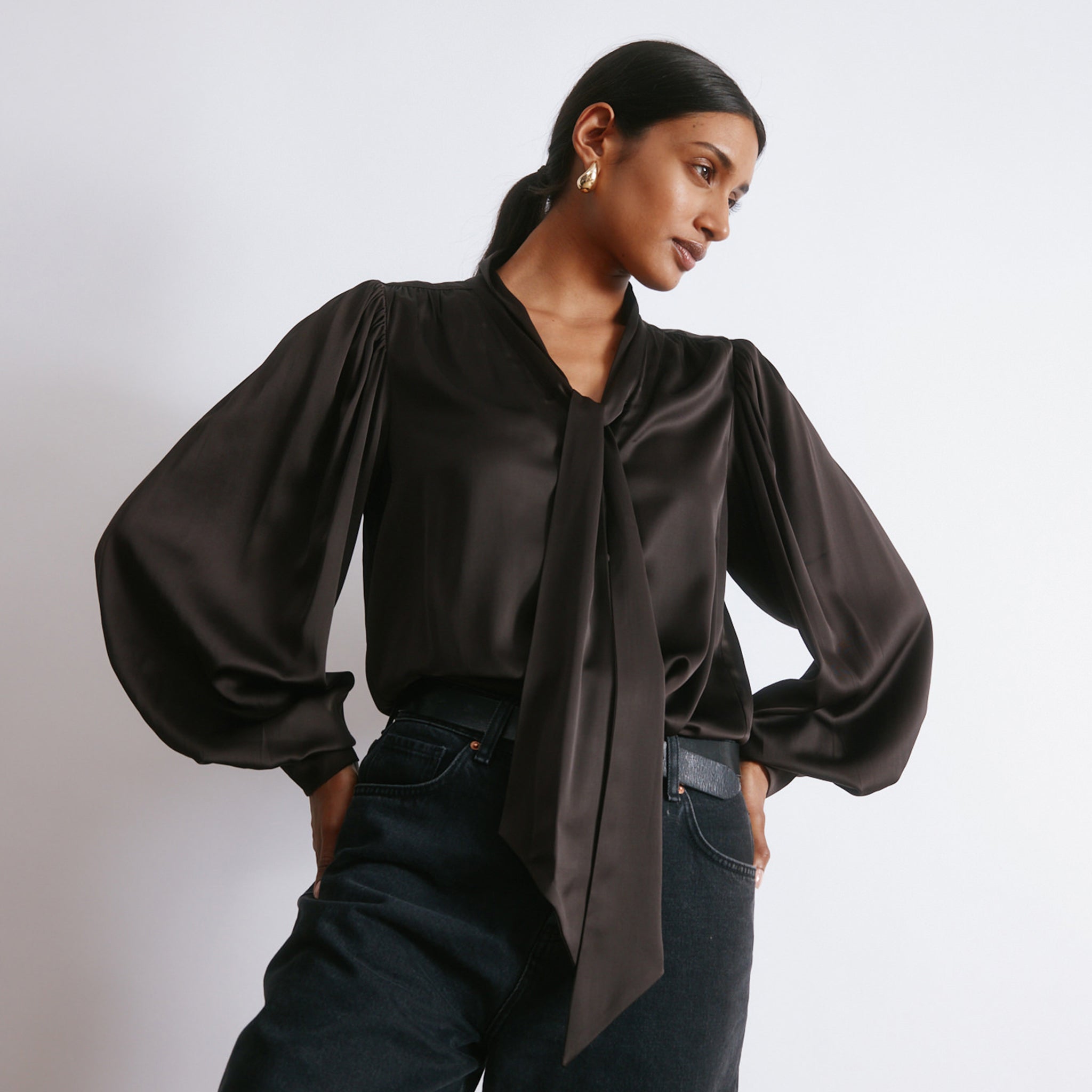 Chocolate Satin Tie Neck Blouse