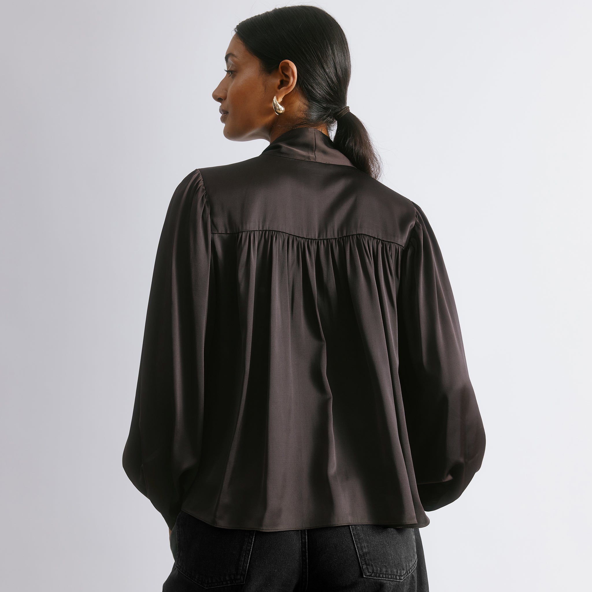 Chocolate Satin Tie Neck Blouse