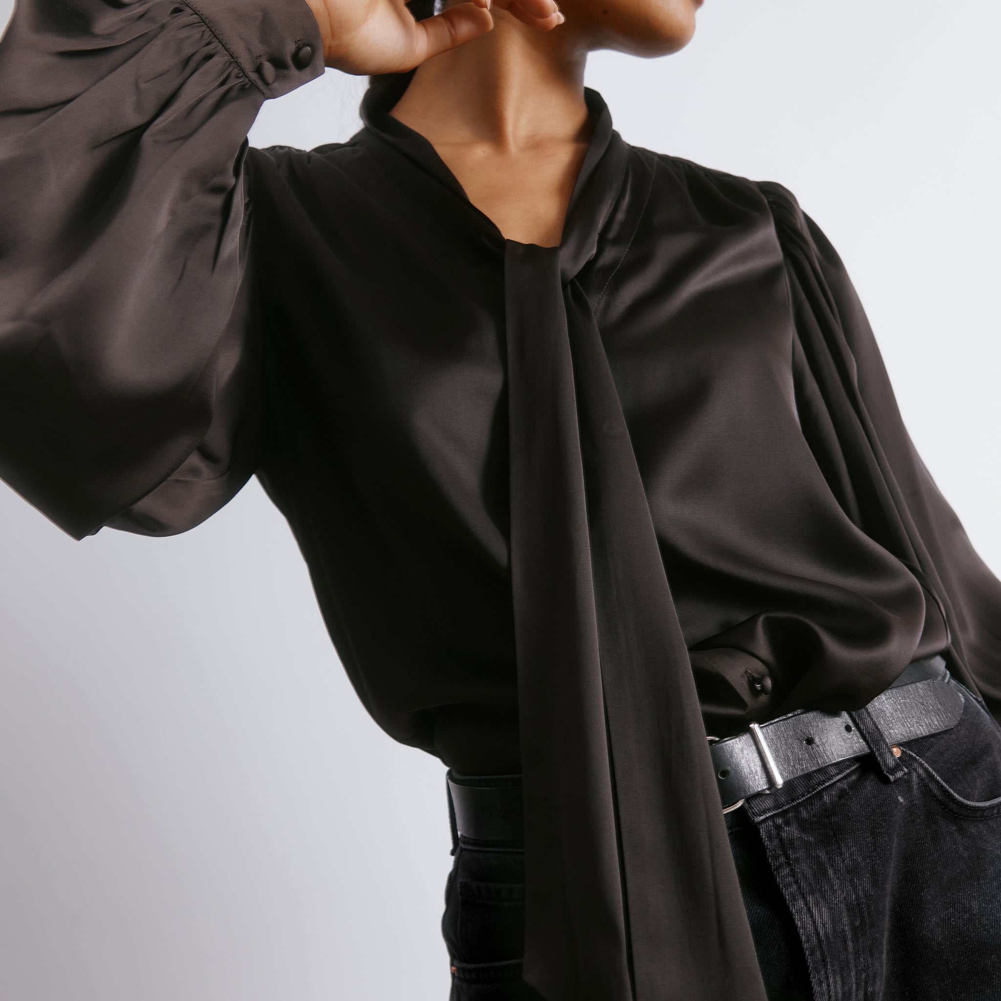 Chocolate Satin Tie Neck Blouse