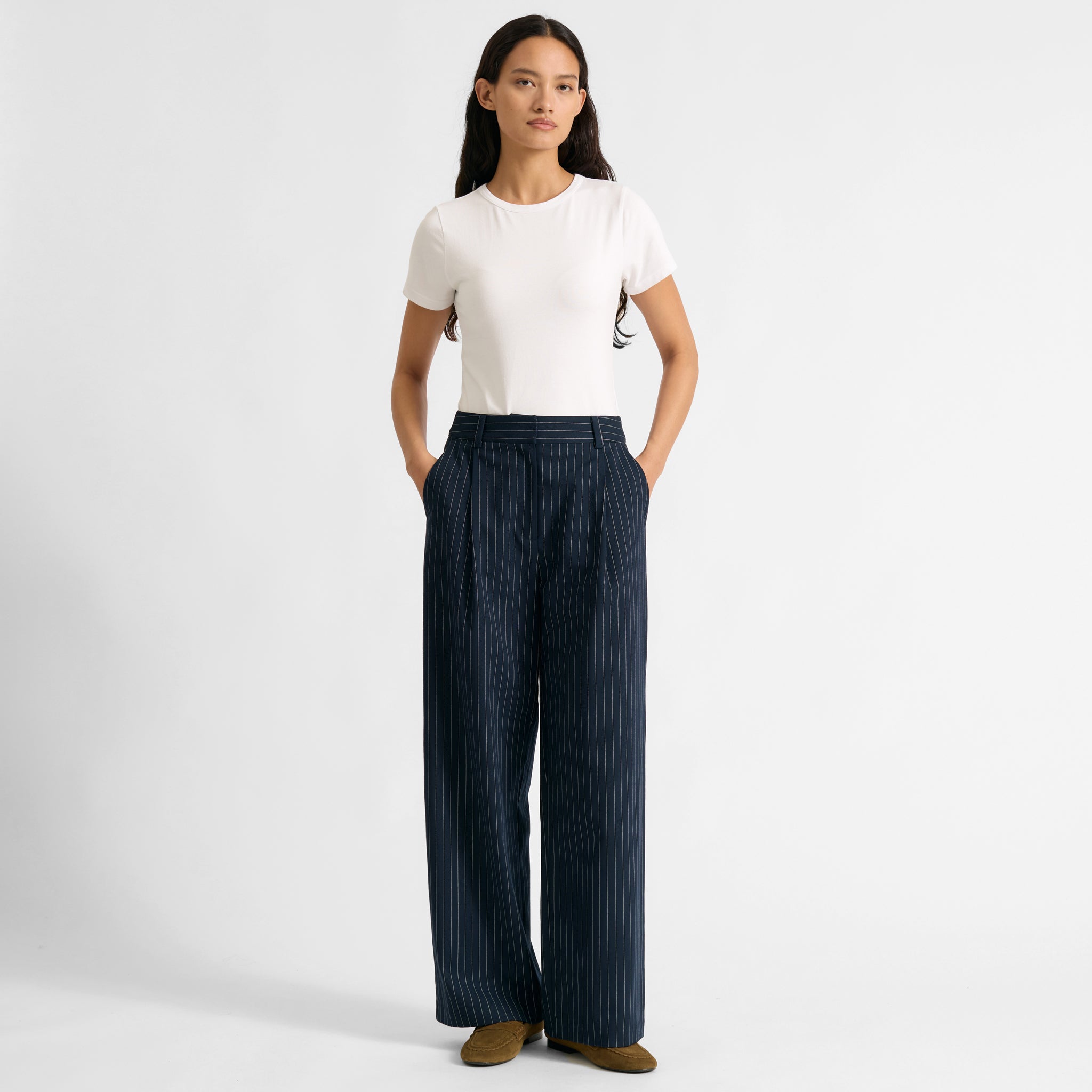 Navy Pinstripe Pleat Trouser | Sustainable Womenswear | Albaray