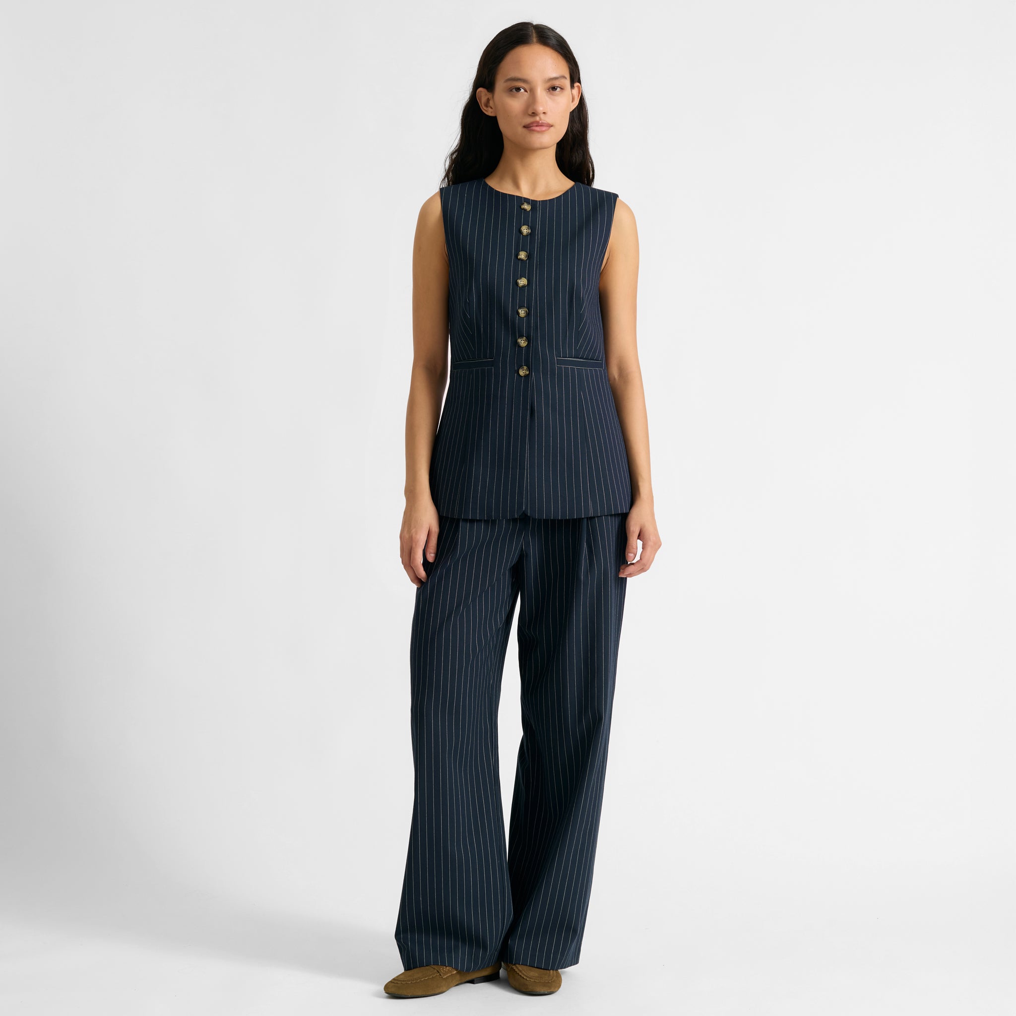 Navy Pinstripe Pleat Trouser