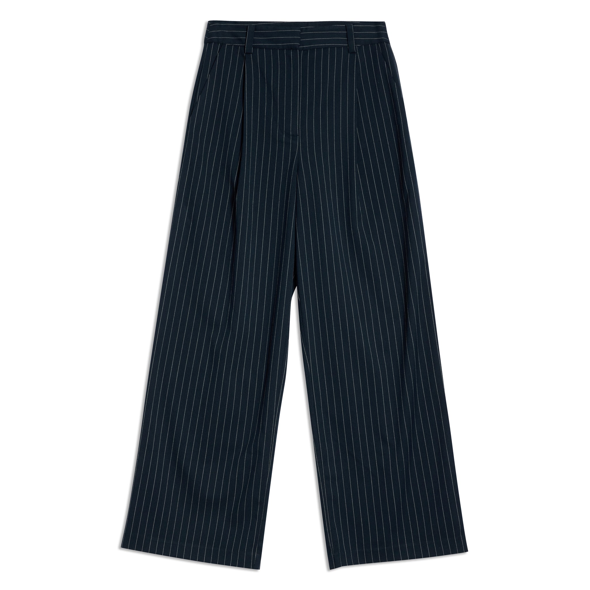 Navy Pinstripe Pleat Trouser
