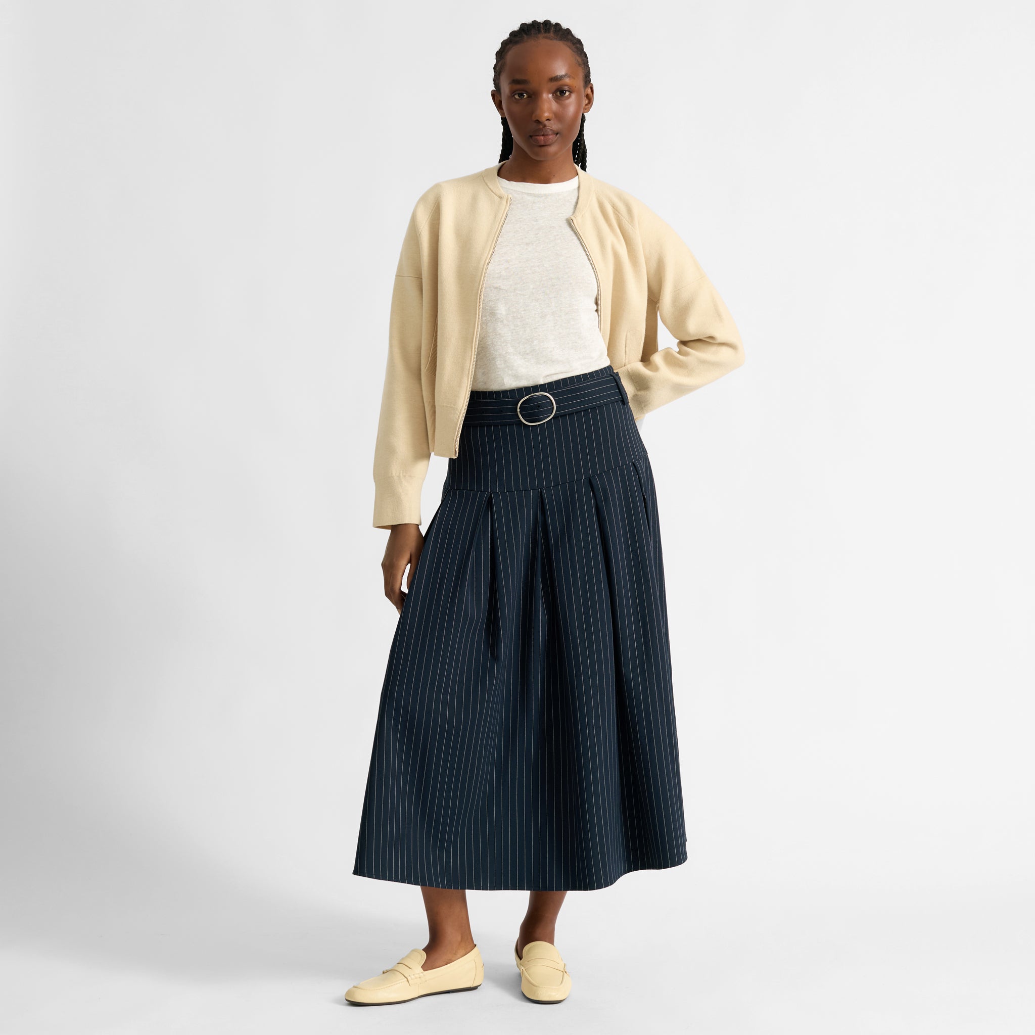 Navy Pinstripe Midi Skirt