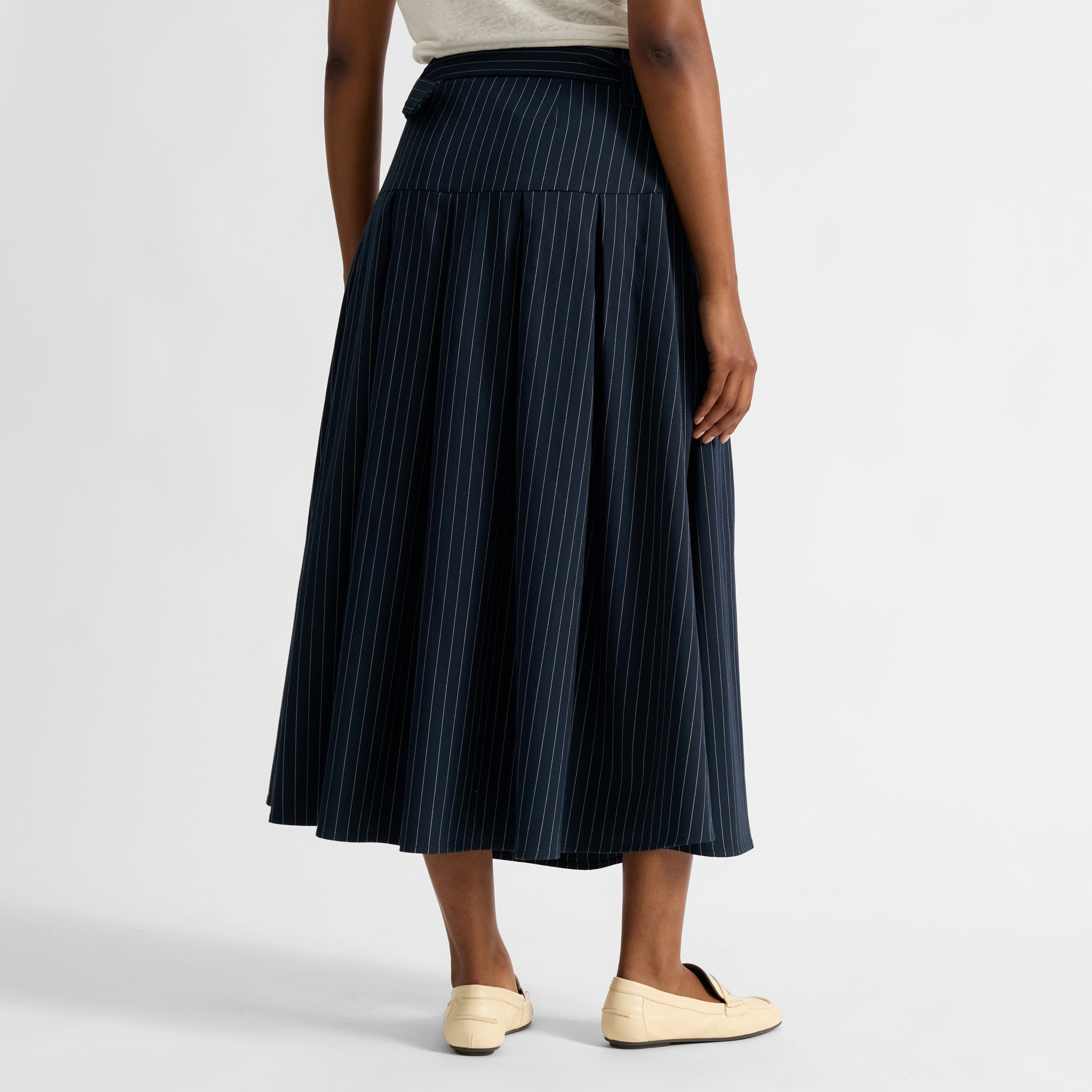 Navy Pinstripe Midi Skirt