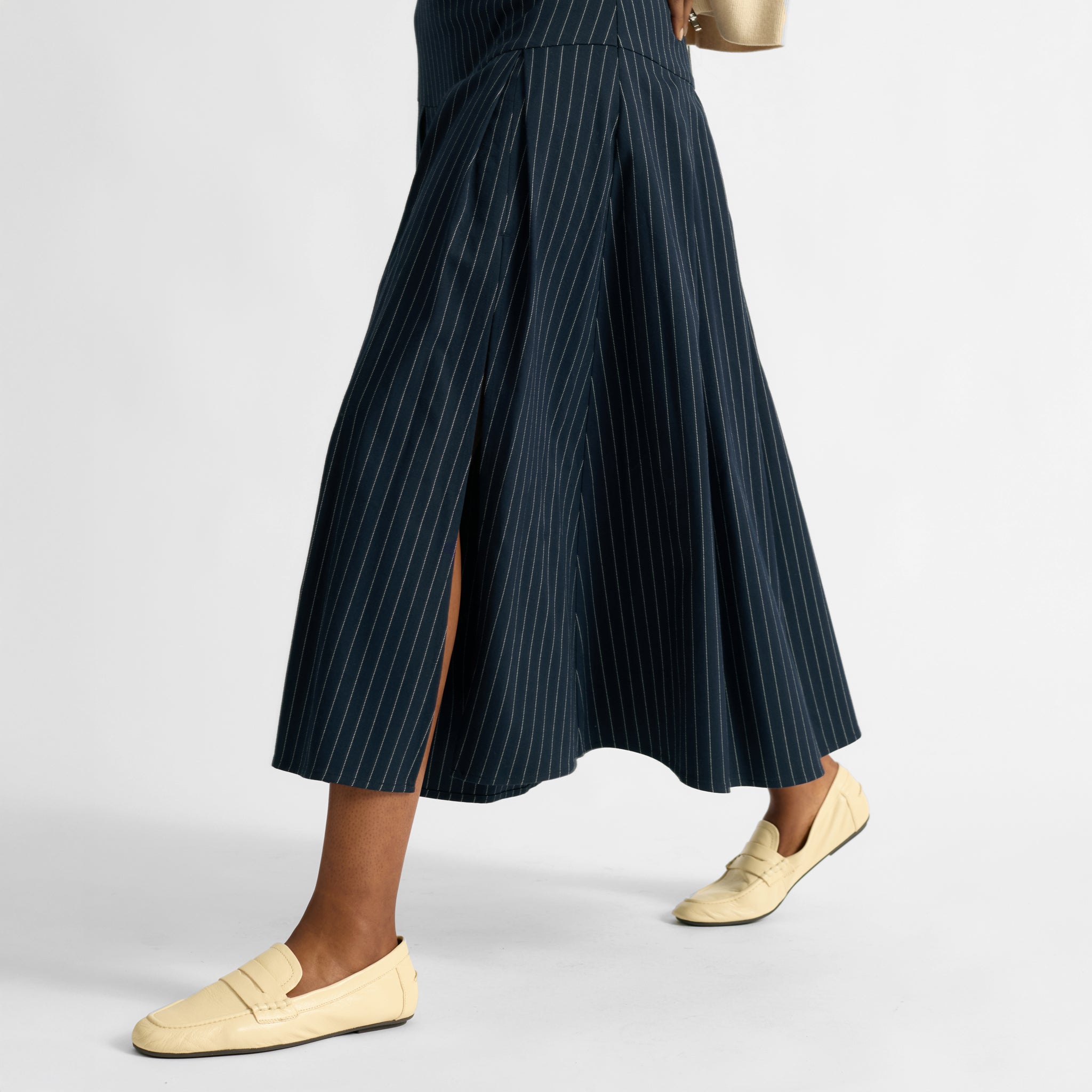 Navy Pinstripe Midi Skirt