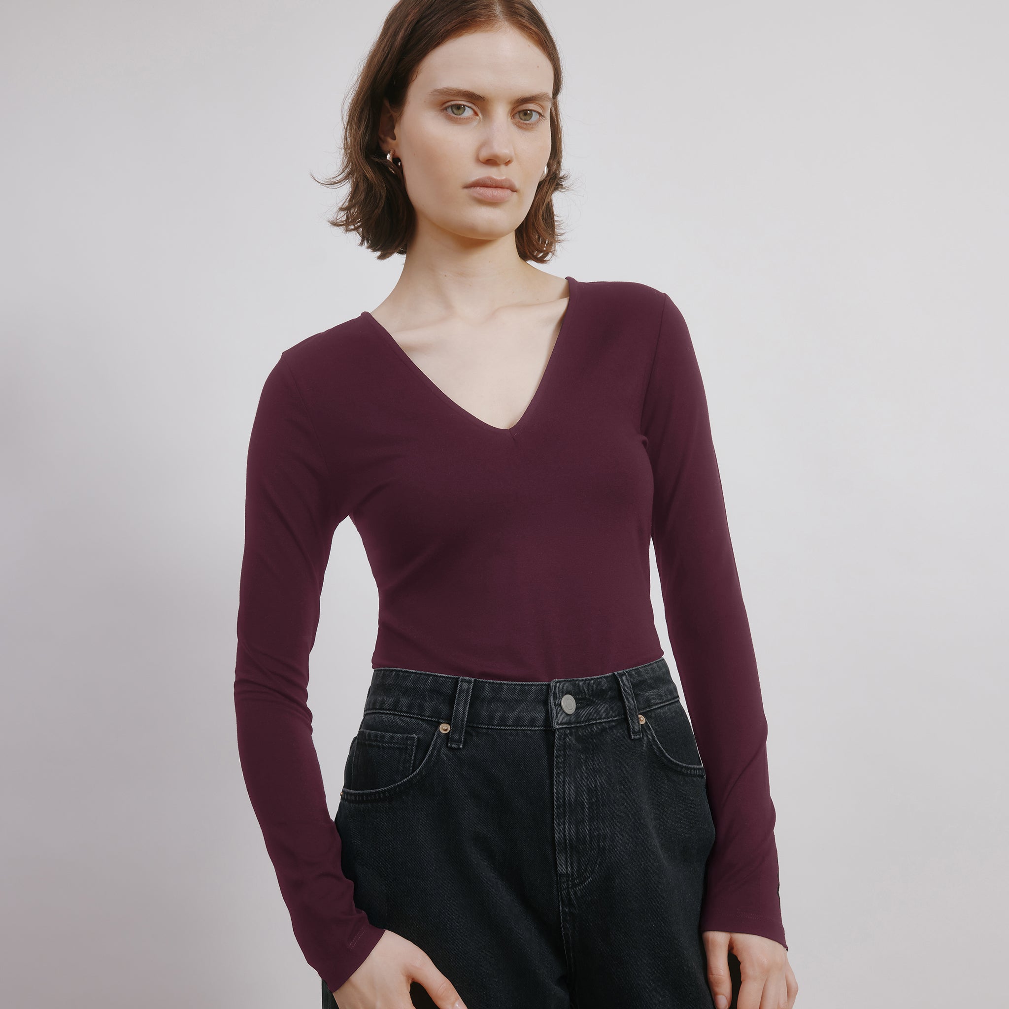 Burgundy Ponte Deep V Neck Top