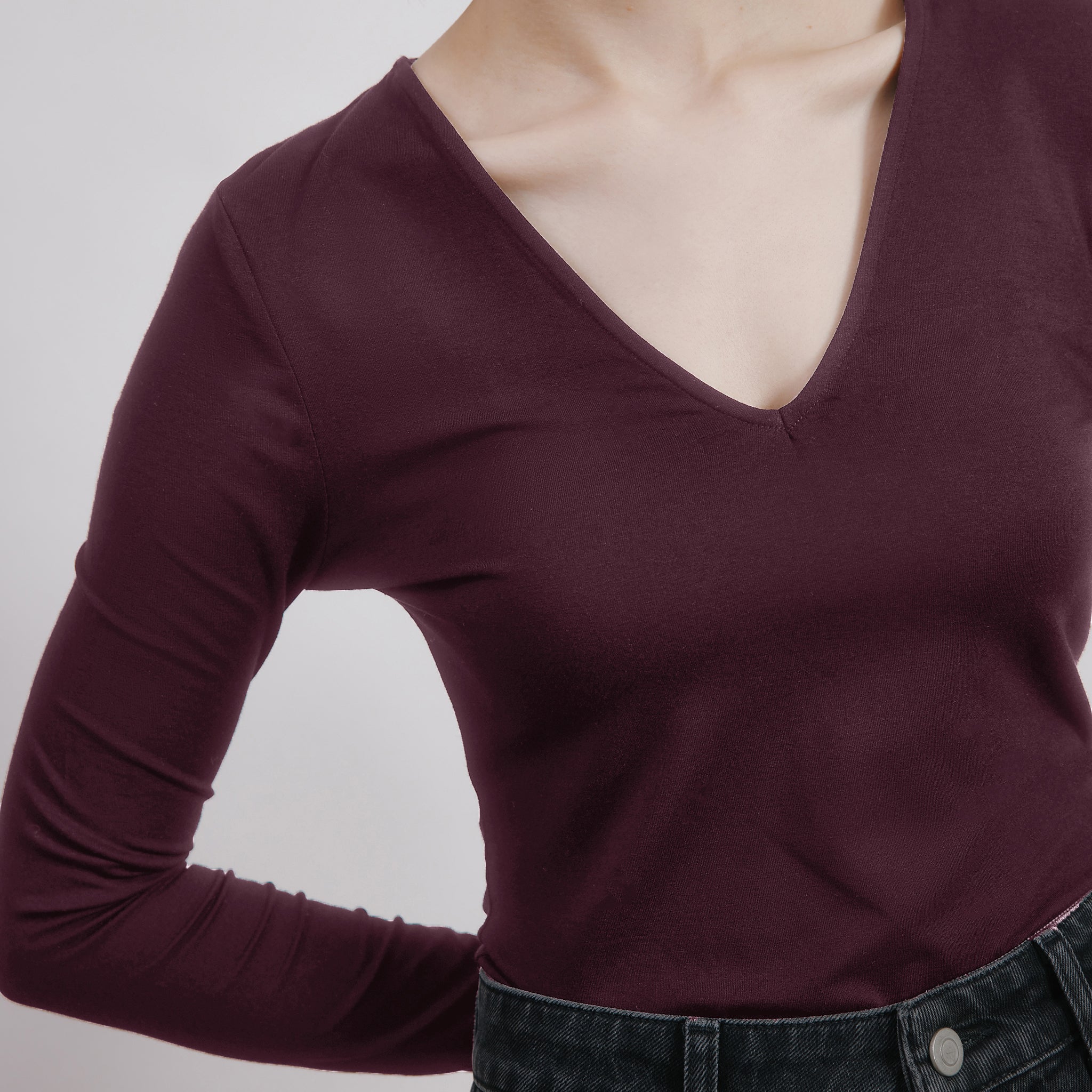 Burgundy Ponte Deep V Neck Top