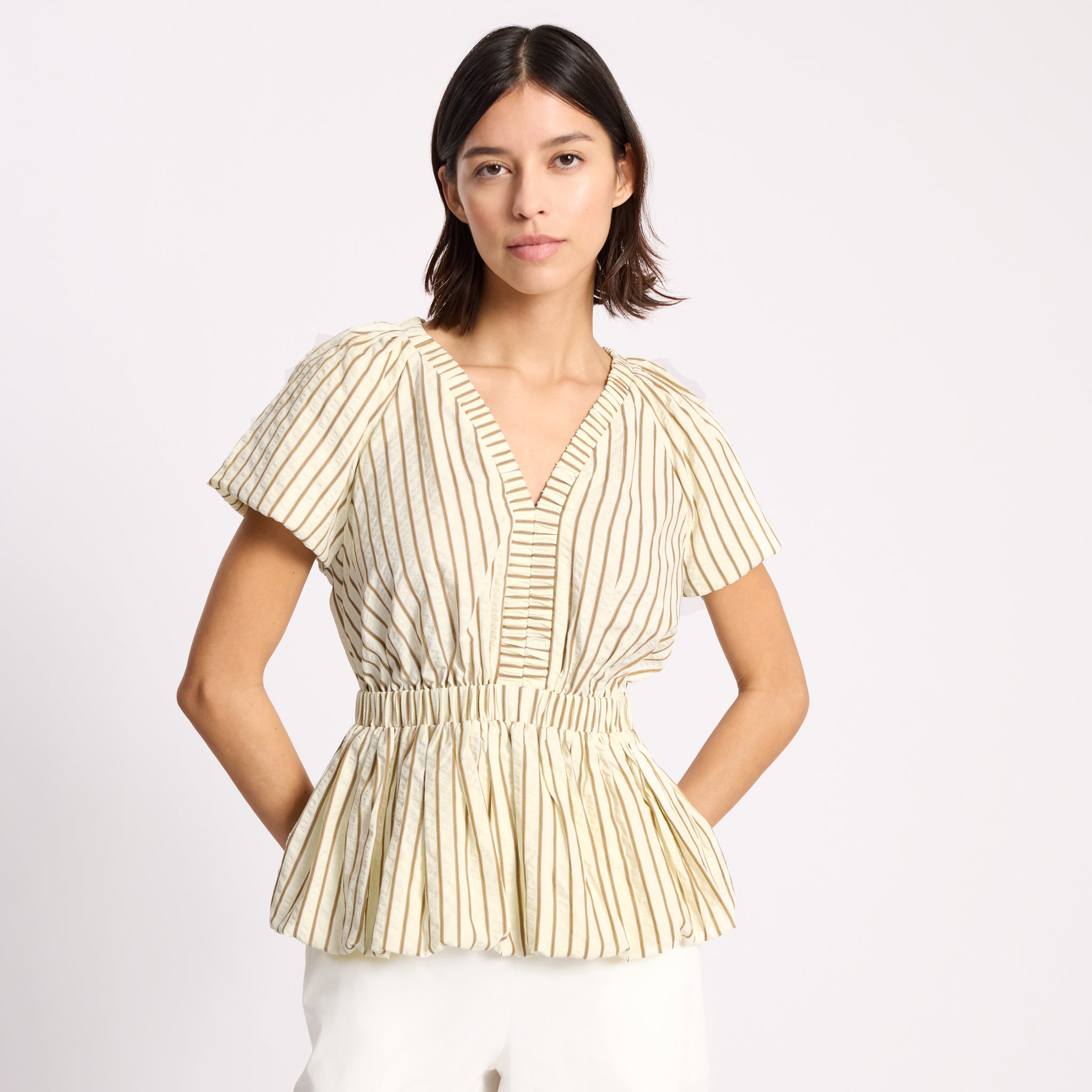 Neutral Stripe Bubble Hem Top