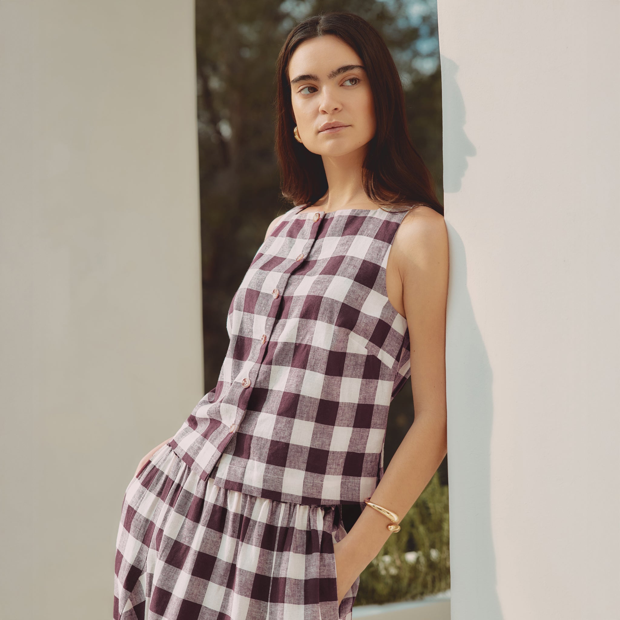 Burgundy Gingham Button Top