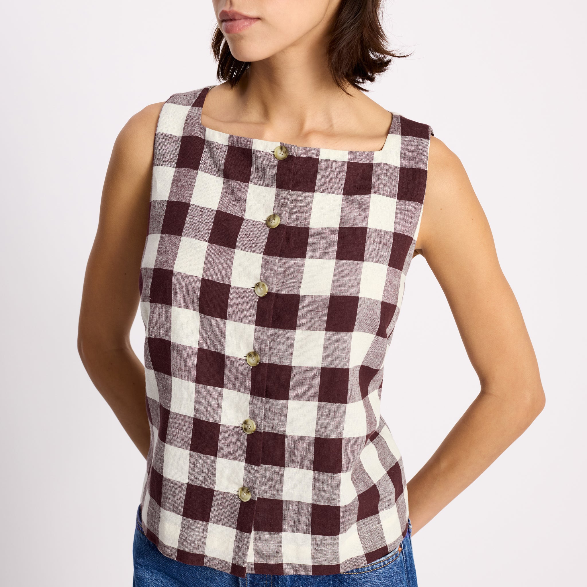 Burgundy Gingham Button Top